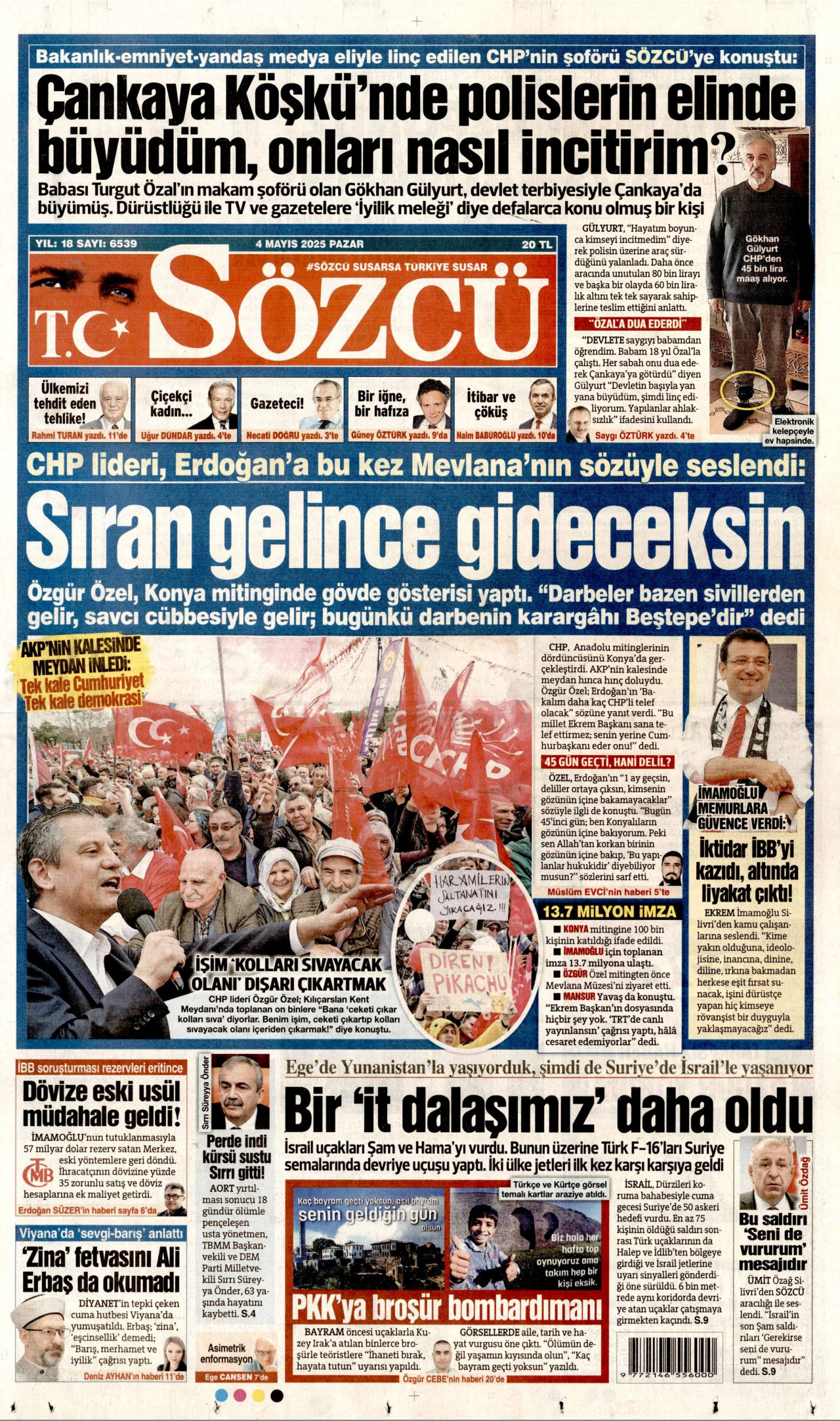 SÖZCÜ gazetesinin 4 Mayıs 2025 tarihli birinci sayfası