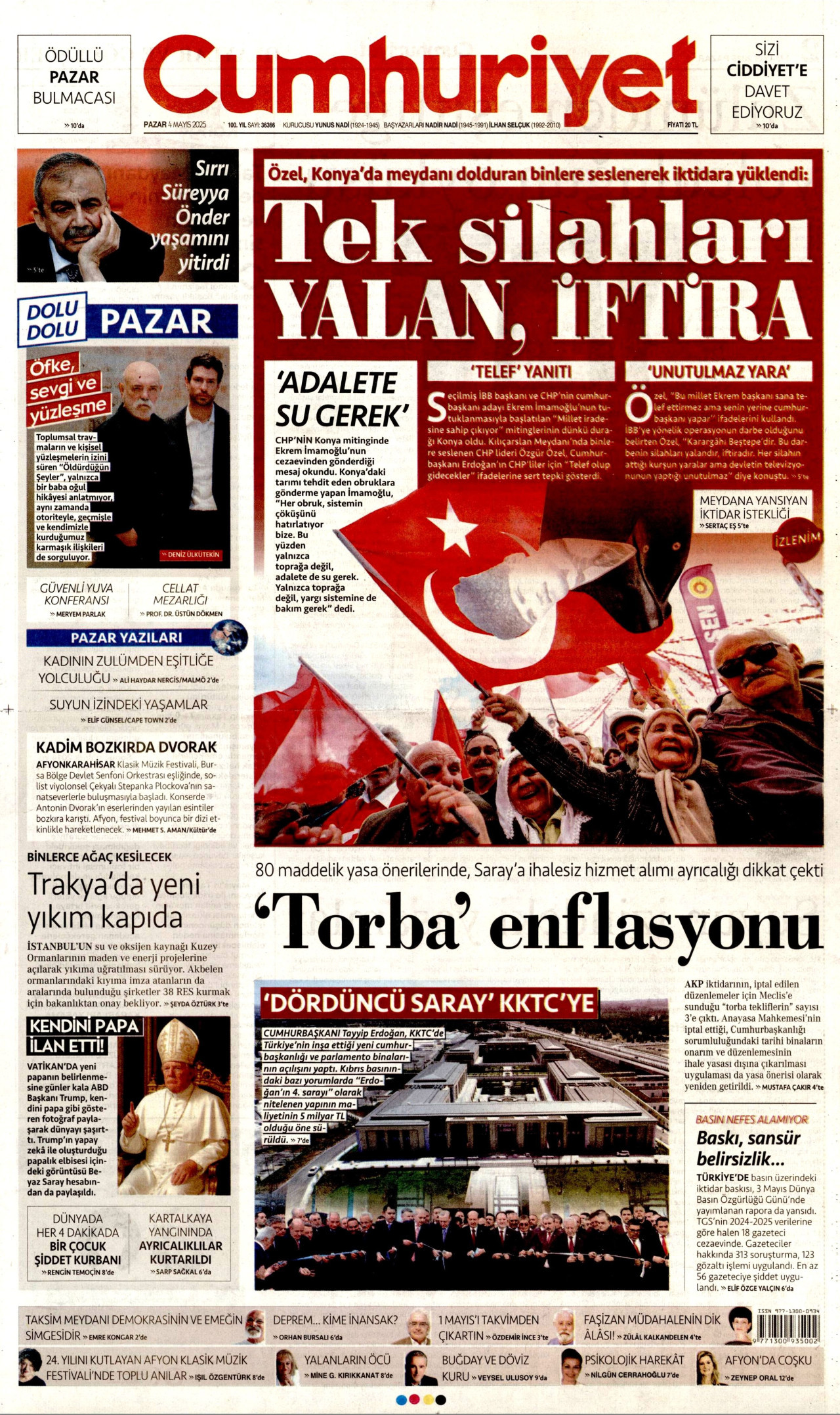 CUMHURİYET gazetesinin 4 Mayıs 2025 tarihli birinci sayfası