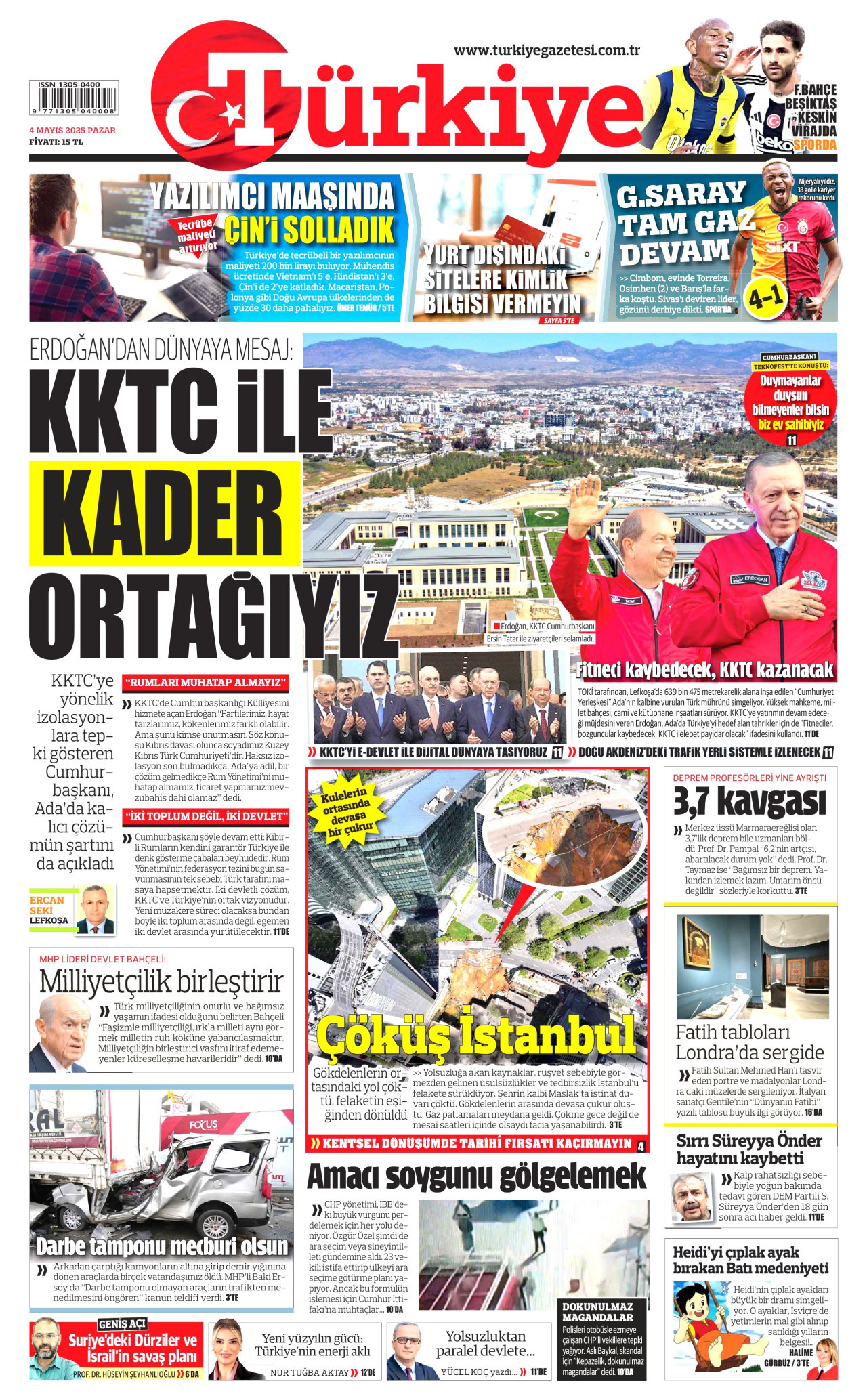 TÜRKİYE GAZETESİ gazetesinin 4 Mayıs 2025 tarihli birinci sayfası