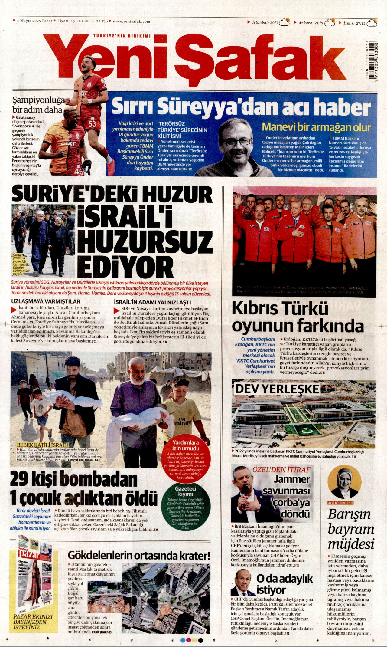 YENİ ŞAFAK gazetesinin 4 Mayıs 2025 tarihli birinci sayfası