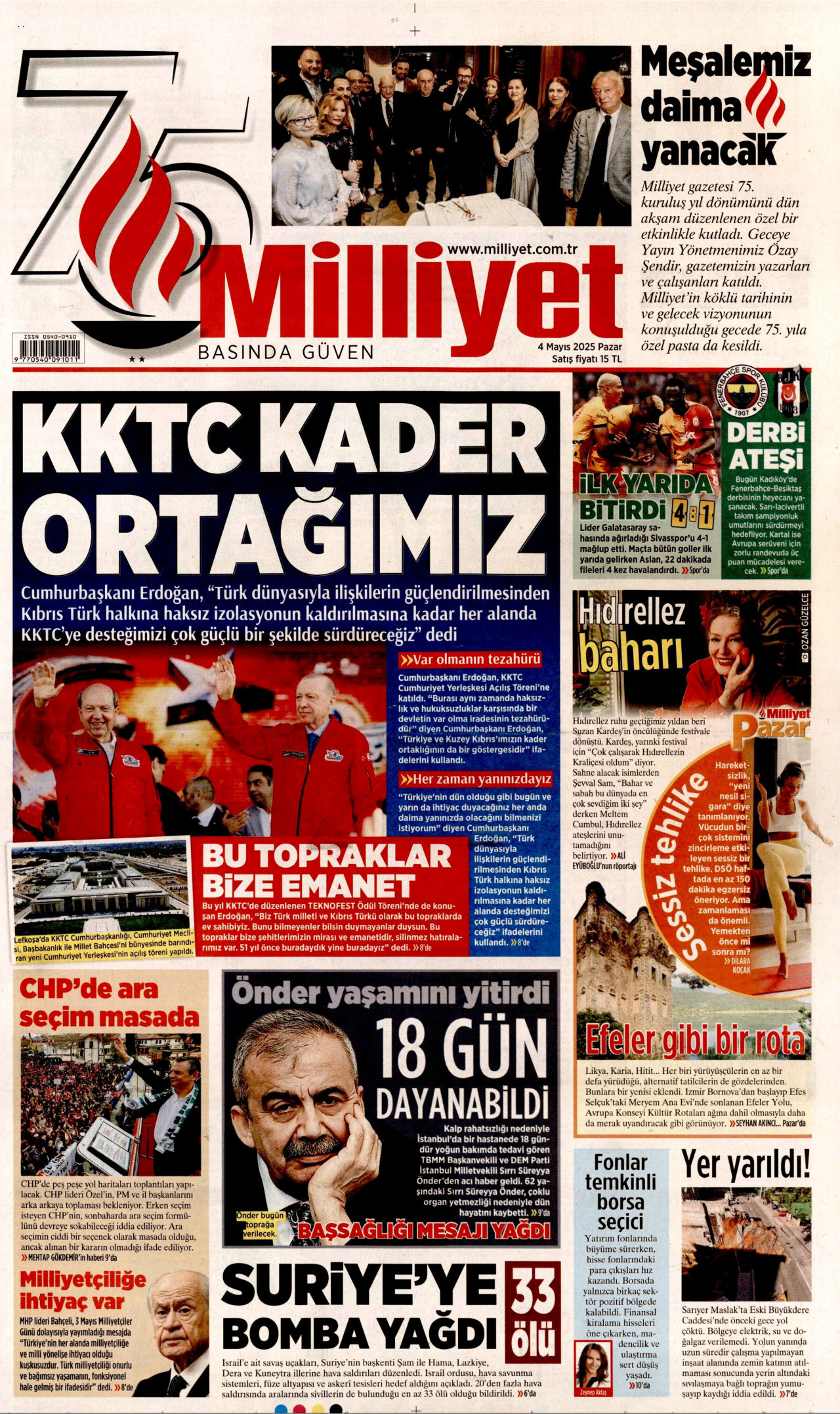 MİLLİYET gazetesinin 4 Mayıs 2025 tarihli birinci sayfası