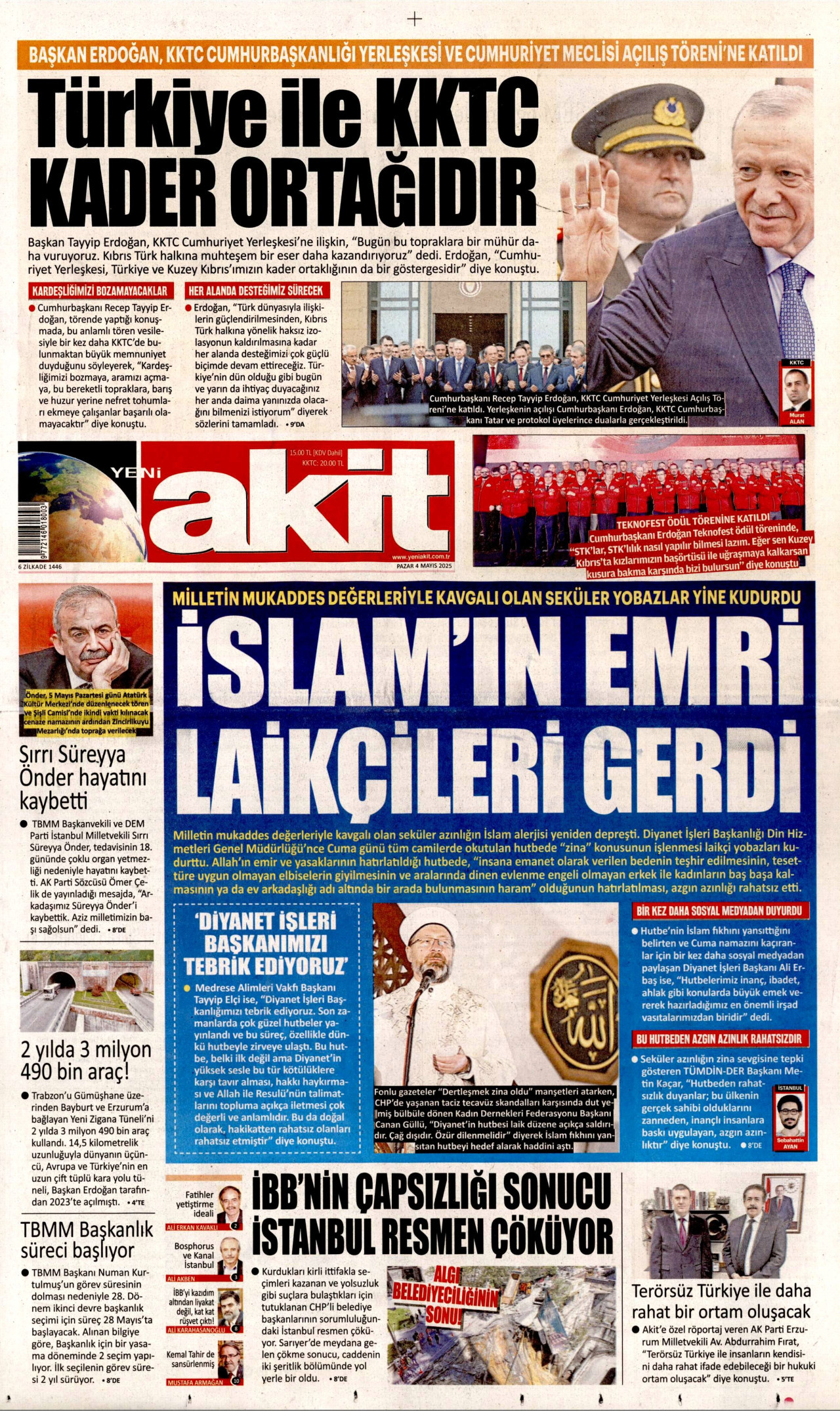 YENİ AKİT gazetesinin 4 Mayıs 2025 tarihli birinci sayfası