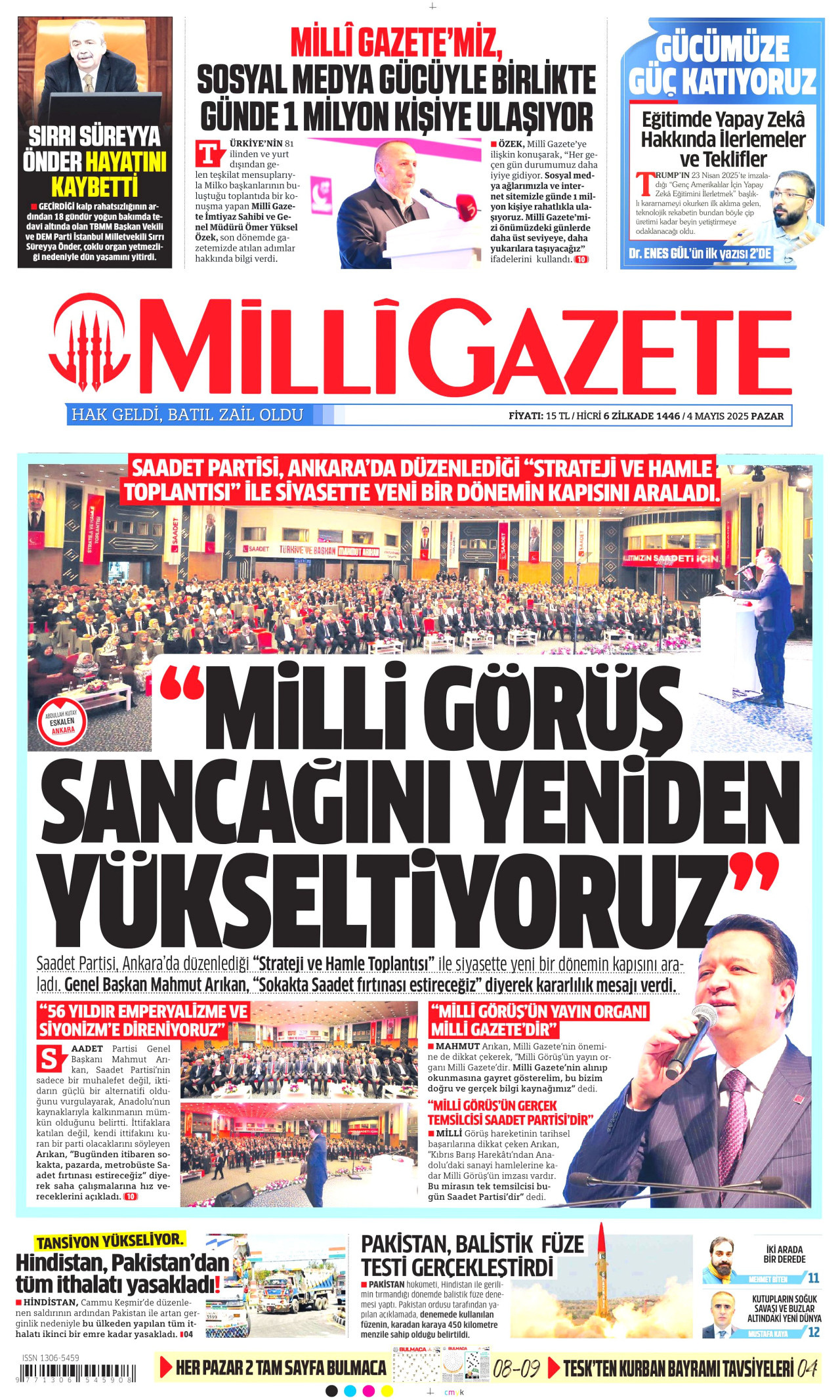 MİLLİ GAZETE gazetesinin 4 Mayıs 2025 tarihli birinci sayfası