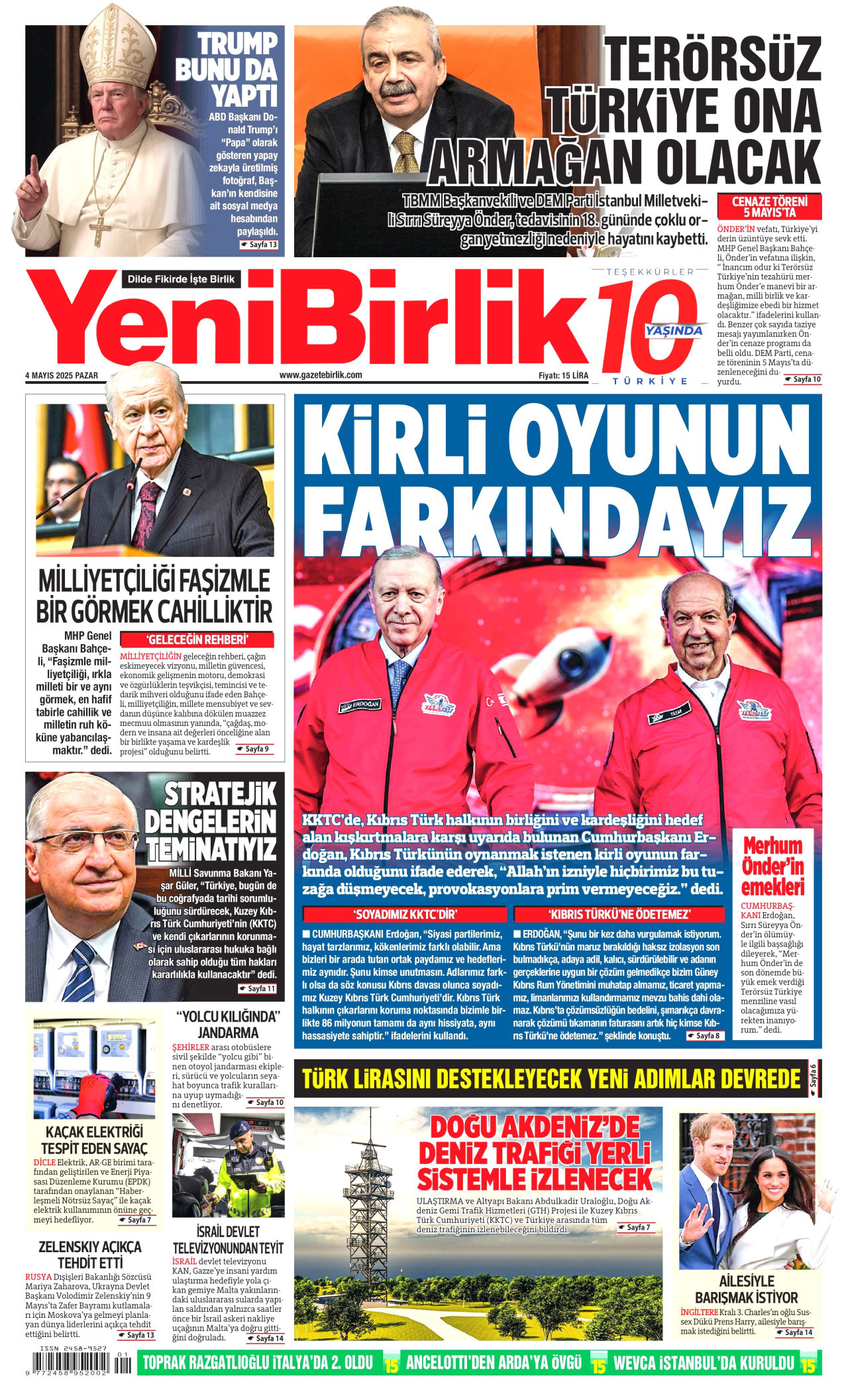 YENİBİRLİK gazetesinin 4 Mayıs 2025 tarihli birinci sayfası