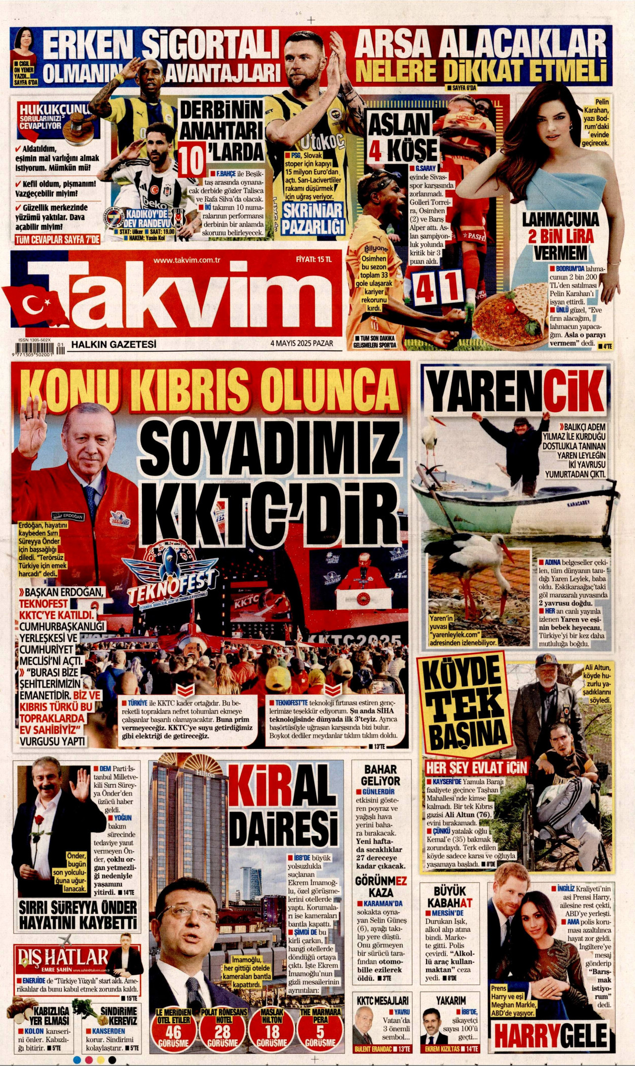 TAKVİM gazetesinin 4 Mayıs 2025 tarihli birinci sayfası