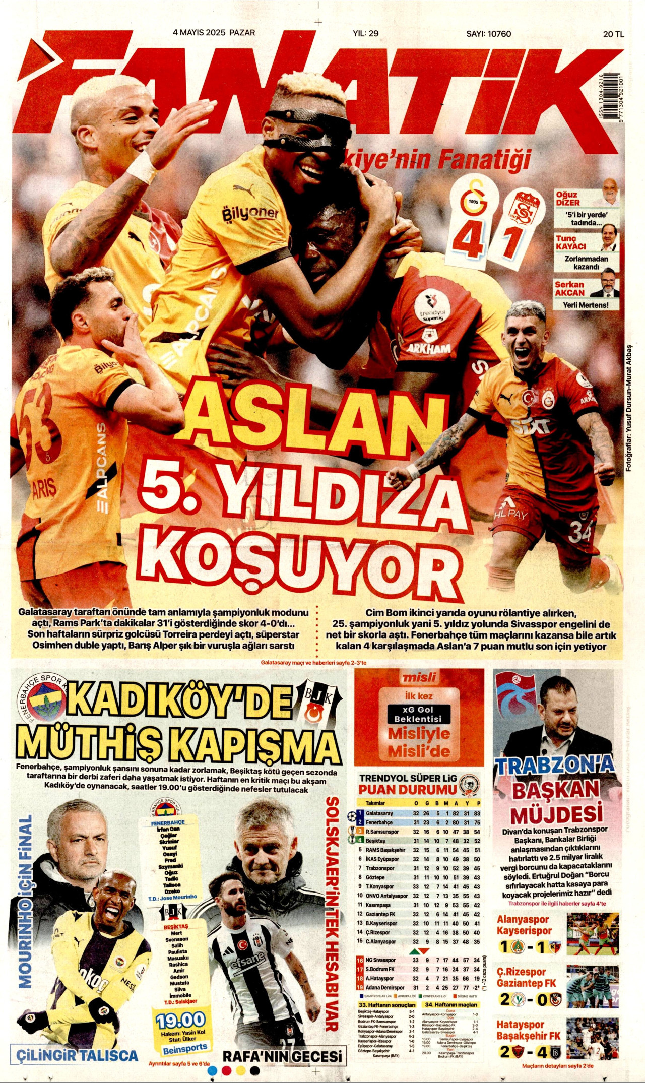 FANATİK gazetesinin 4 Mayıs 2025 tarihli birinci sayfası