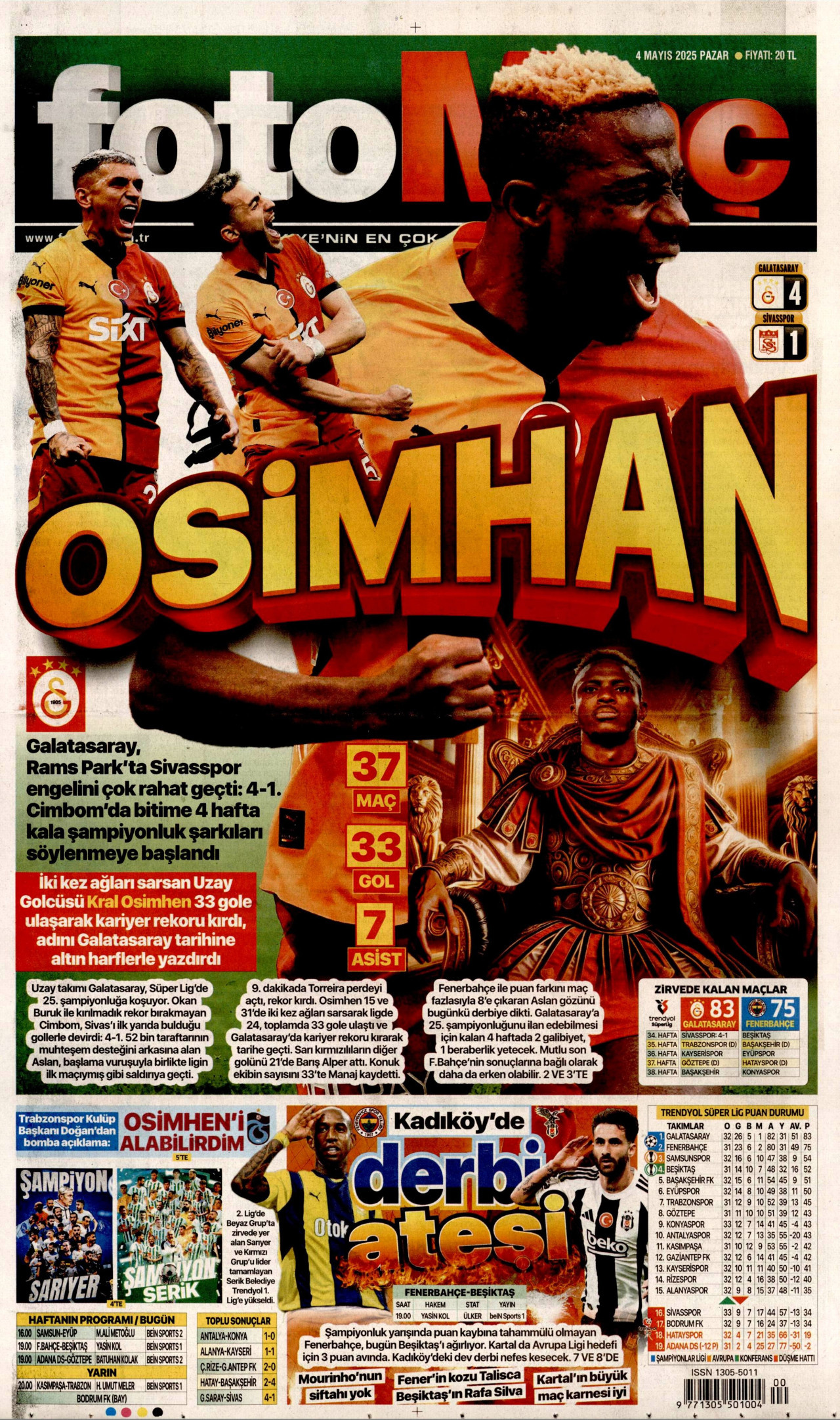FOTOMAÇ gazetesinin 4 Mayıs 2025 tarihli birinci sayfası