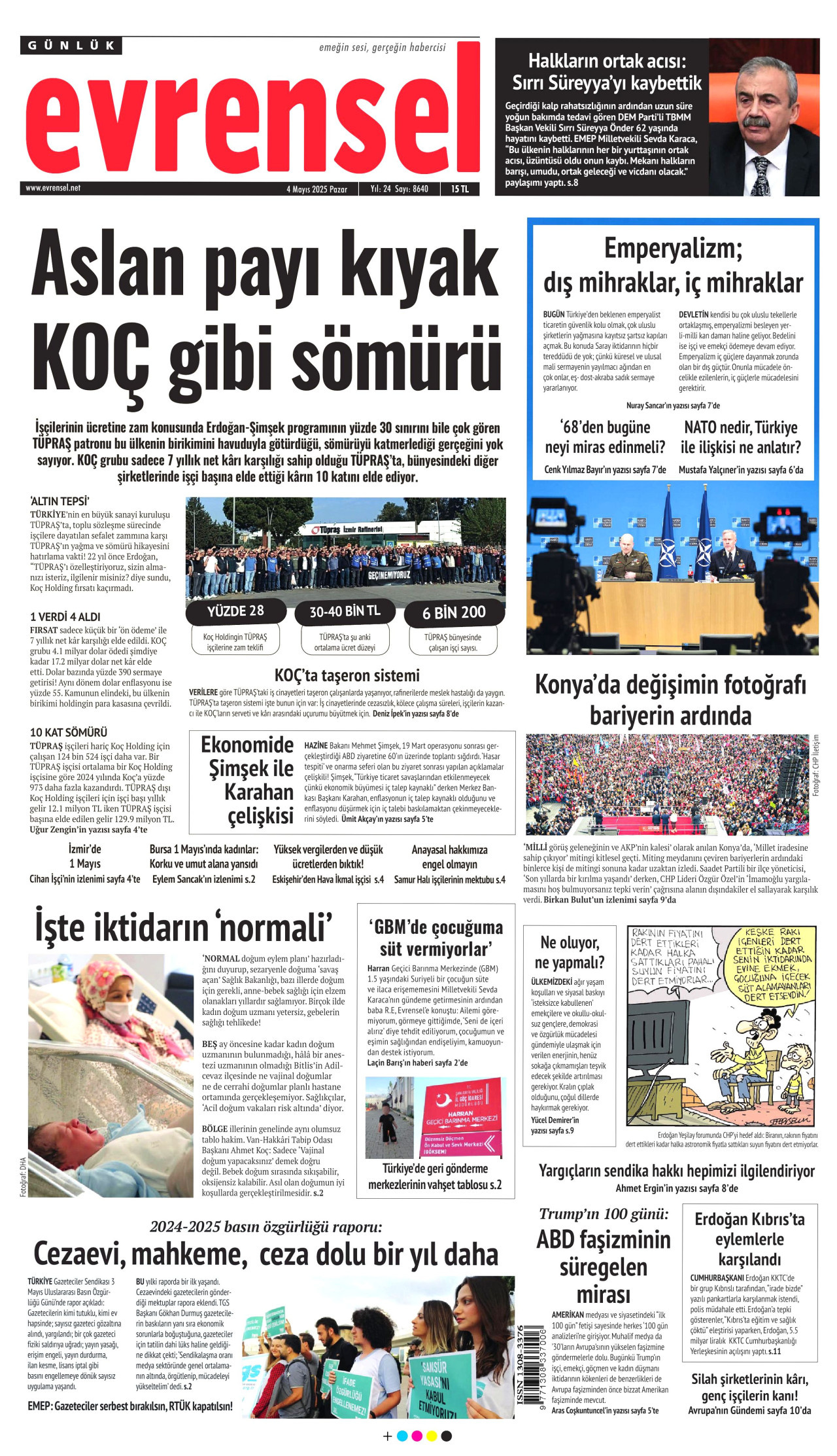 EVRENSEL gazetesinin 4 Mayıs 2025 tarihli birinci sayfası