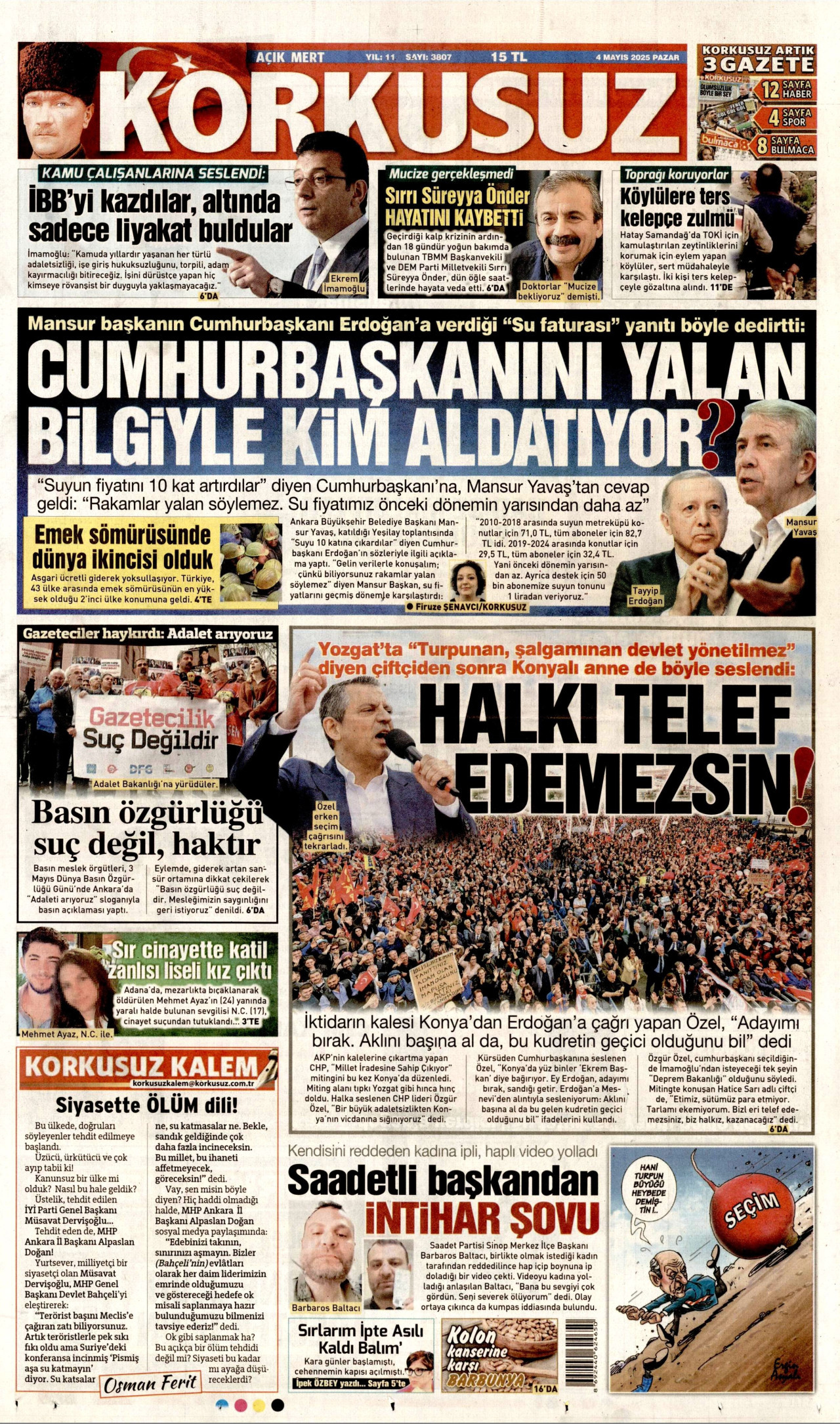 KORKUSUZ gazetesinin 4 Mayıs 2025 tarihli birinci sayfası