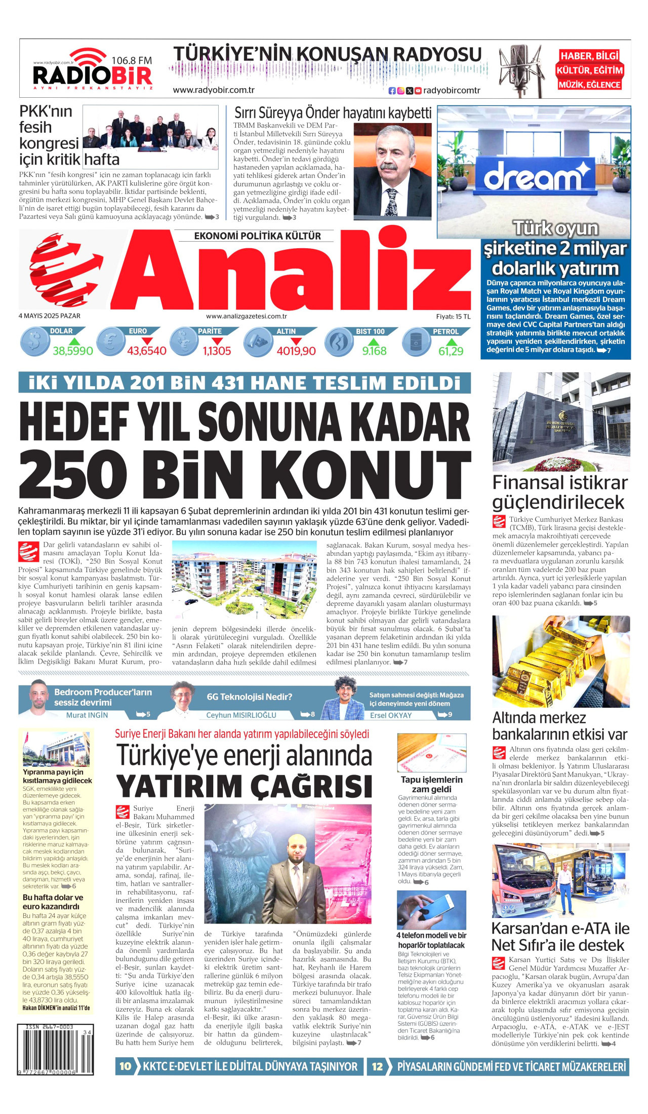 ANALİZ gazetesinin 4 Mayıs 2025 tarihli birinci sayfası