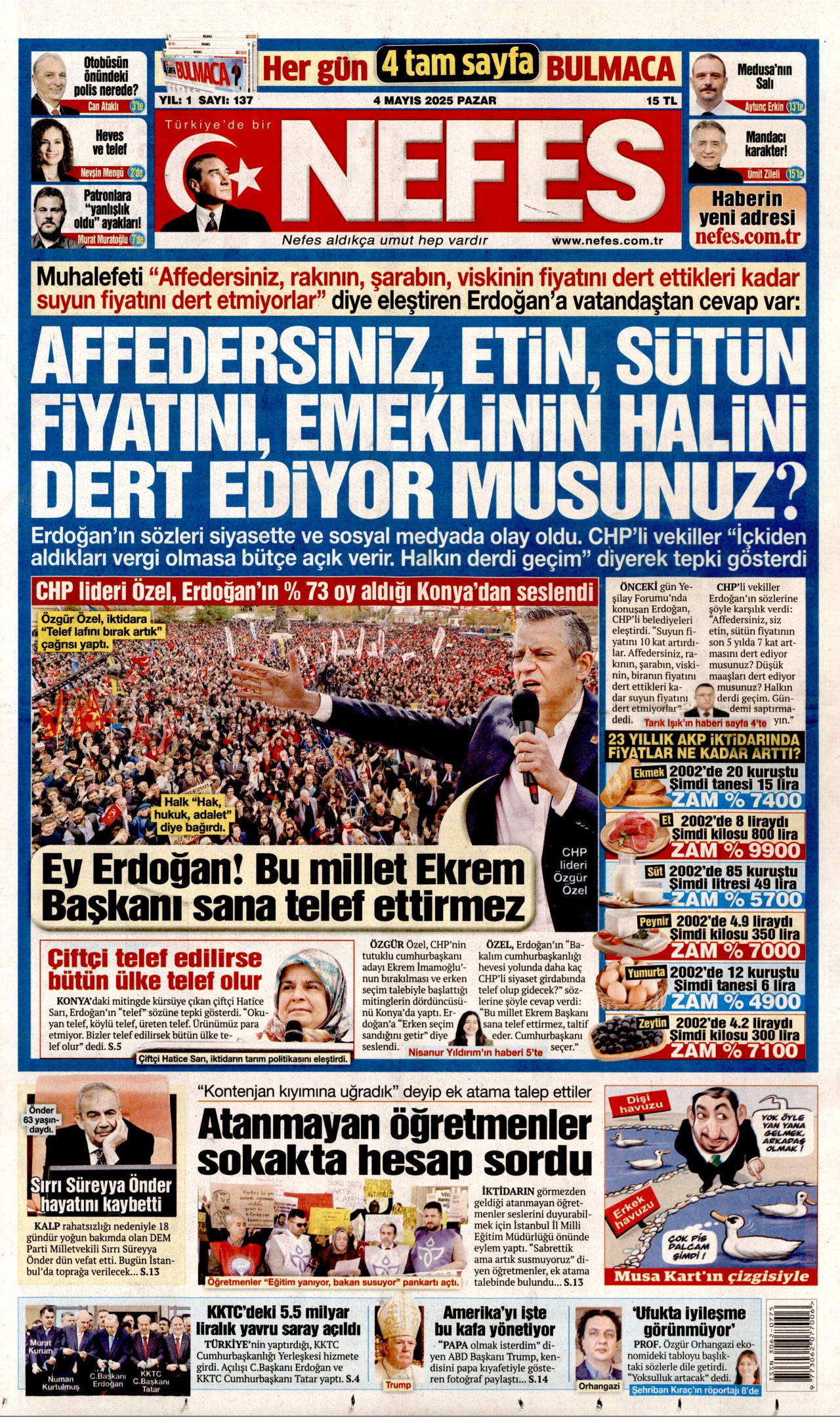 NEFES gazetesinin 4 Mayıs 2025 tarihli birinci sayfası