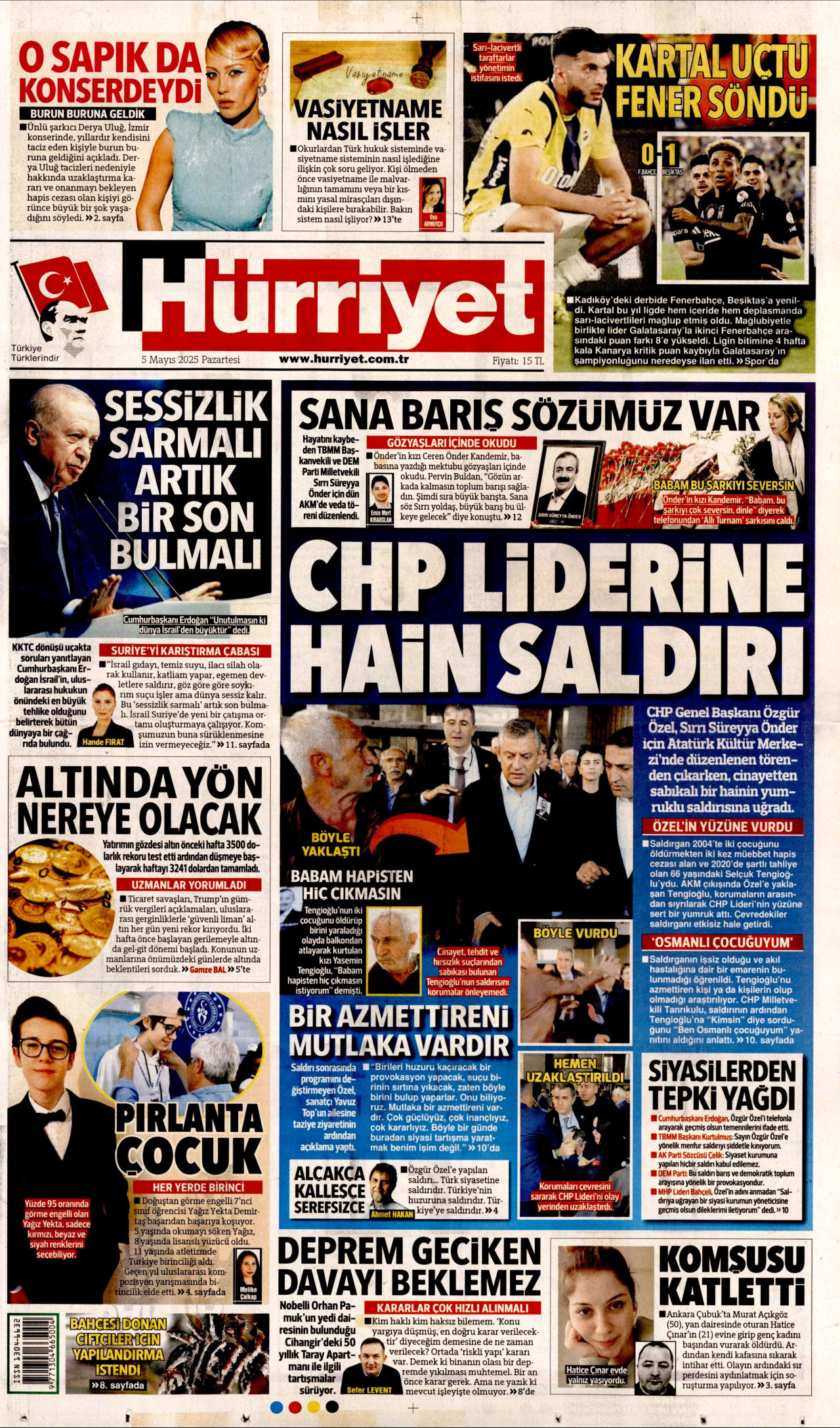 HÜRRİYET gazetesinin 5 Mayıs 2025 tarihli birinci sayfası