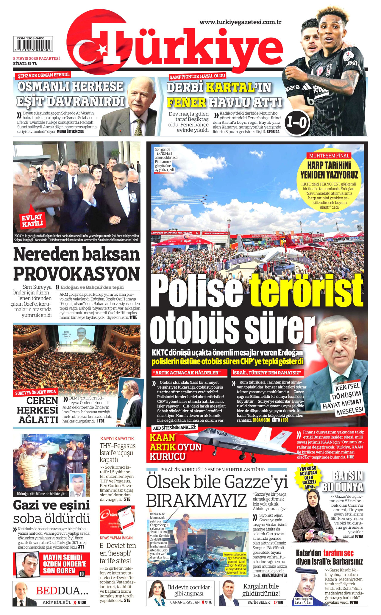 TÜRKİYE GAZETESİ gazetesinin 5 Mayıs 2025 tarihli birinci sayfası