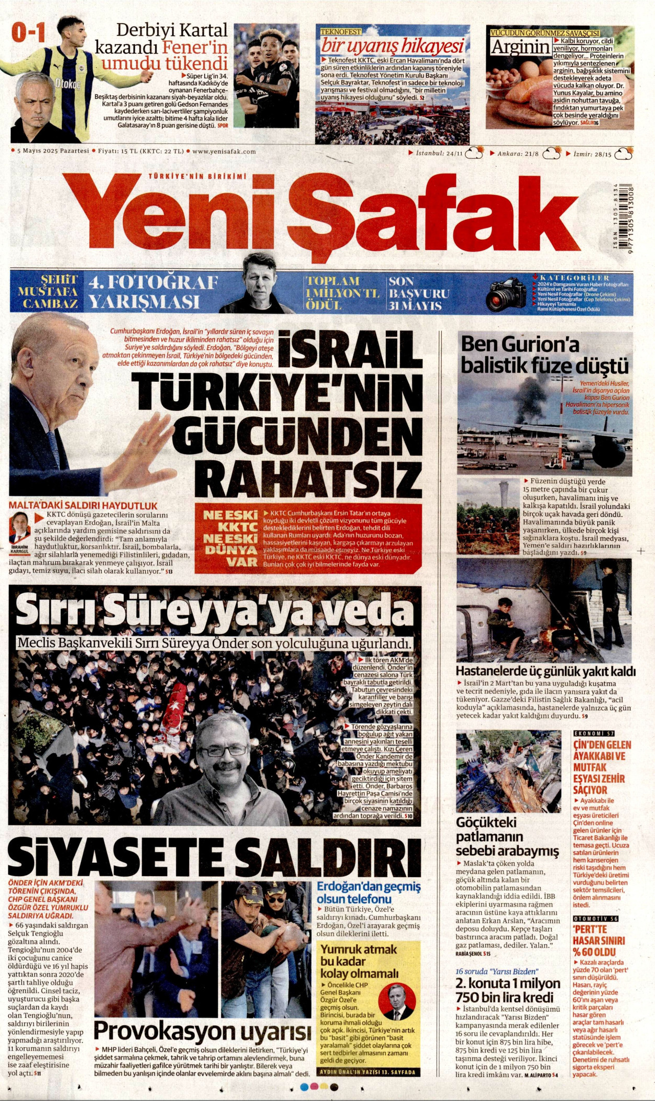YENİ ŞAFAK gazetesinin 5 Mayıs 2025 tarihli birinci sayfası