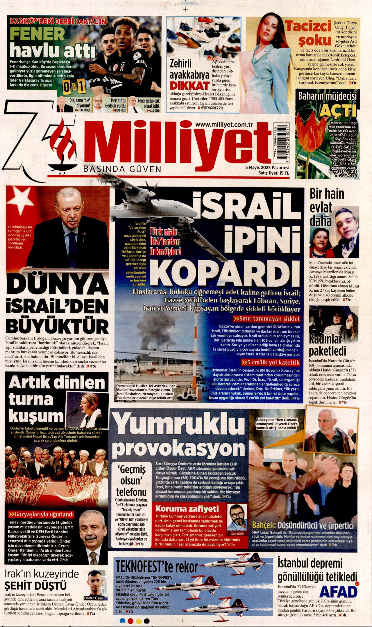 MİLLİYET gazetesinin 5 Mayıs 2025 tarihli birinci sayfası