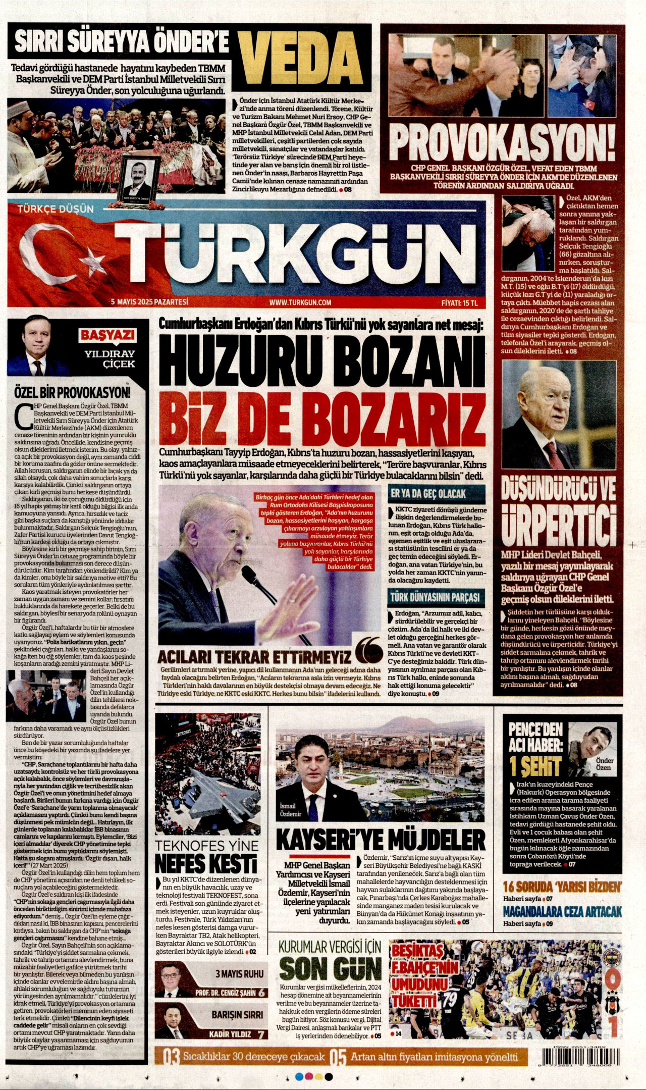 TÜRKGÜN gazetesinin 5 Mayıs 2025 tarihli birinci sayfası
