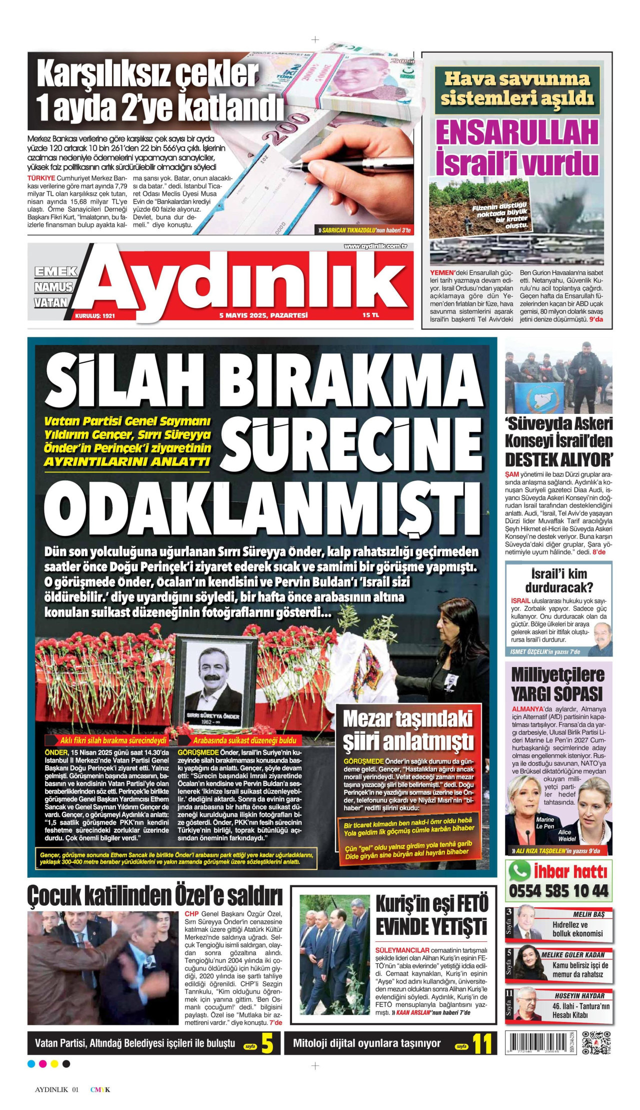 AYDINLIK GAZETESİ gazetesinin 5 Mayıs 2025 tarihli birinci sayfası