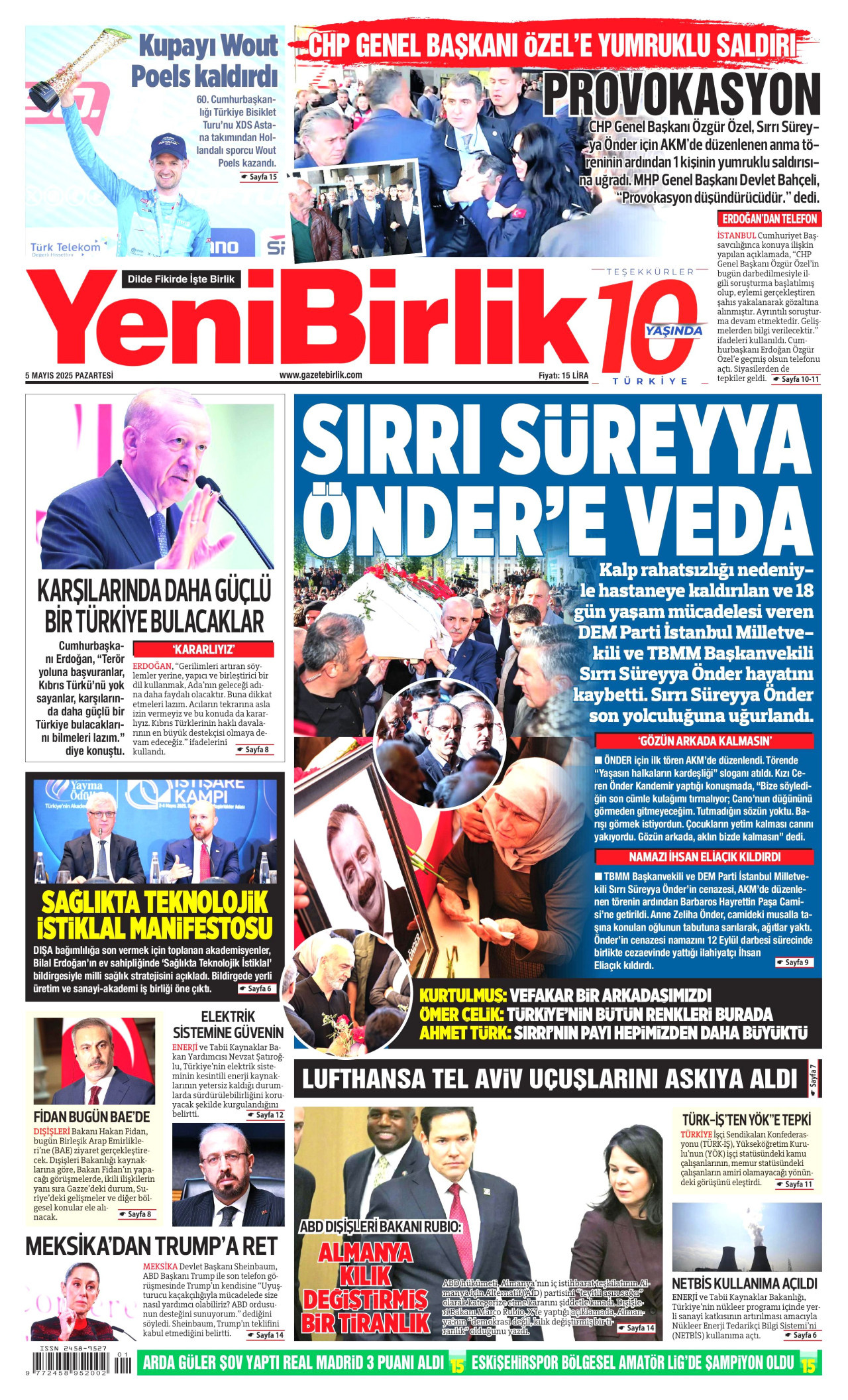 YENİBİRLİK gazetesinin 5 Mayıs 2025 tarihli birinci sayfası