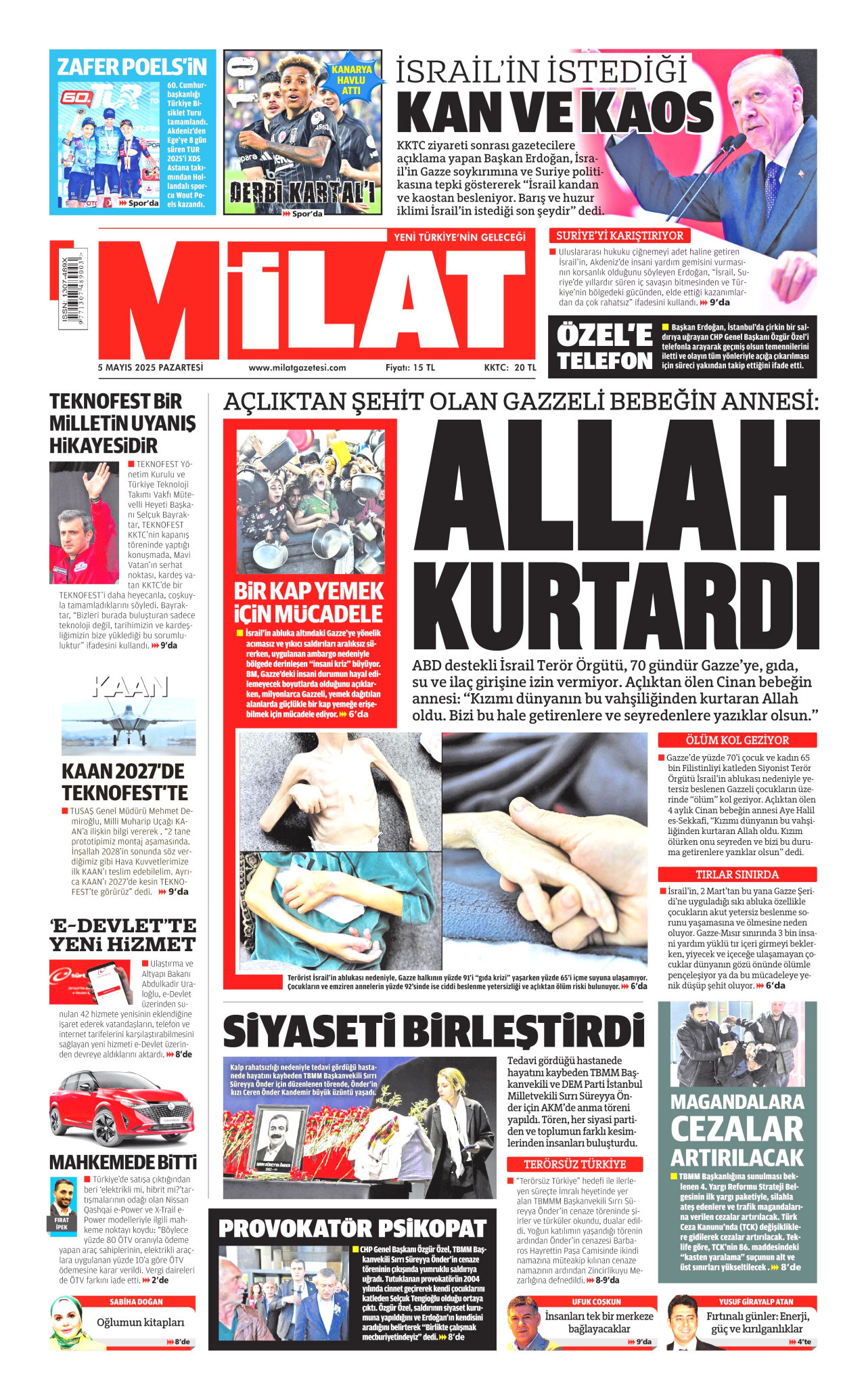 MİLAT gazetesinin 5 Mayıs 2025 tarihli birinci sayfası