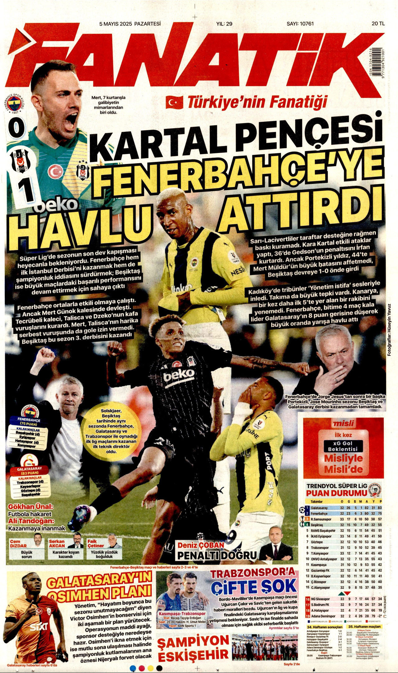 FANATİK gazetesinin 5 Mayıs 2025 tarihli birinci sayfası