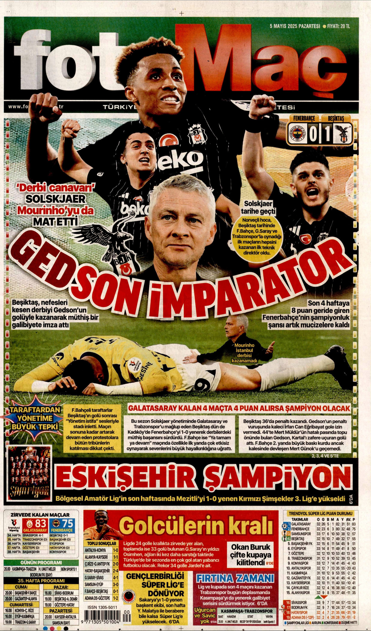 FOTOMAÇ gazetesinin 5 Mayıs 2025 tarihli birinci sayfası
