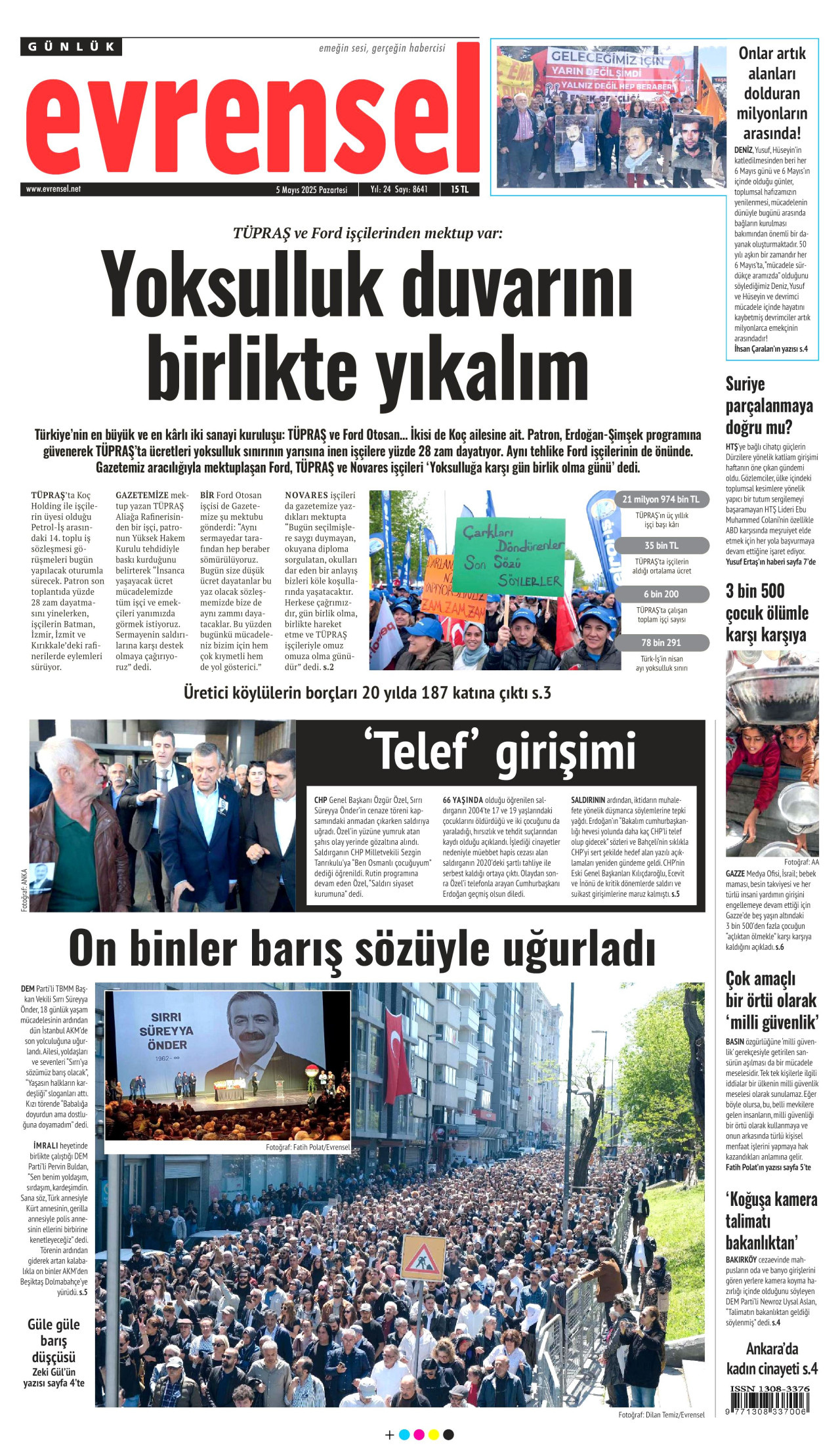 EVRENSEL gazetesinin 5 Mayıs 2025 tarihli birinci sayfası