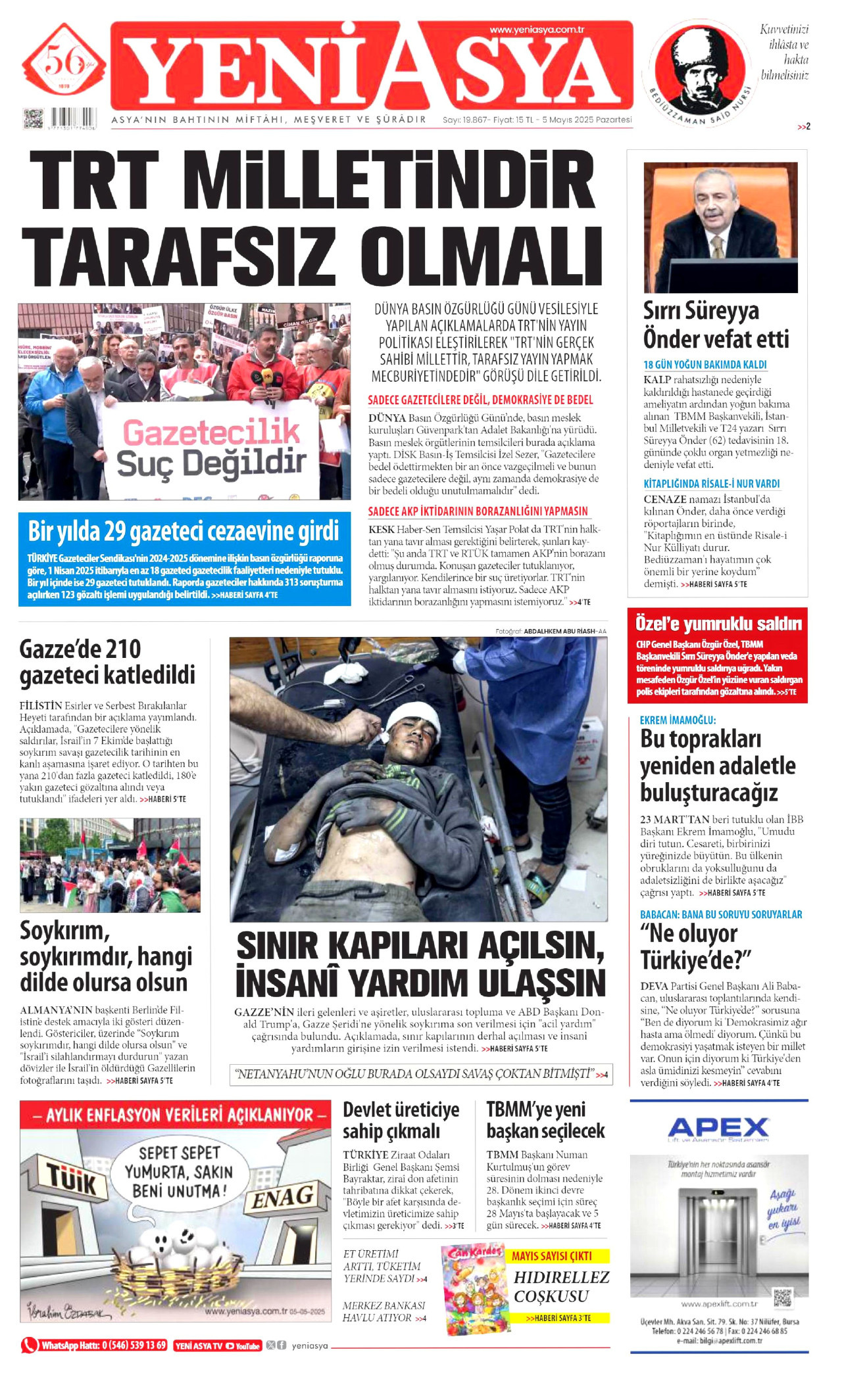 YENİ ASYA gazetesinin 5 Mayıs 2025 tarihli birinci sayfası