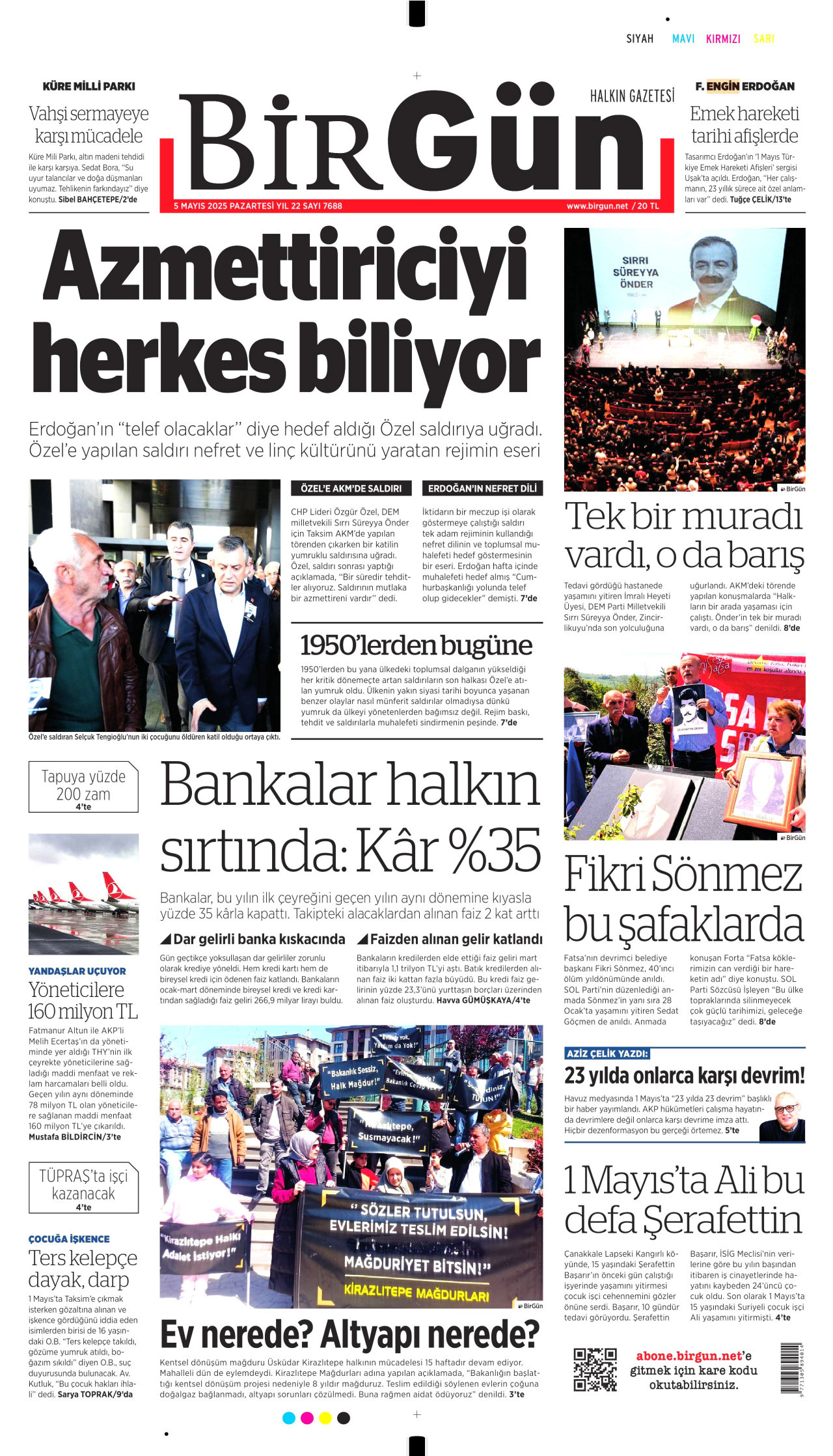 BİRGÜN gazetesinin 5 Mayıs 2025 tarihli birinci sayfası