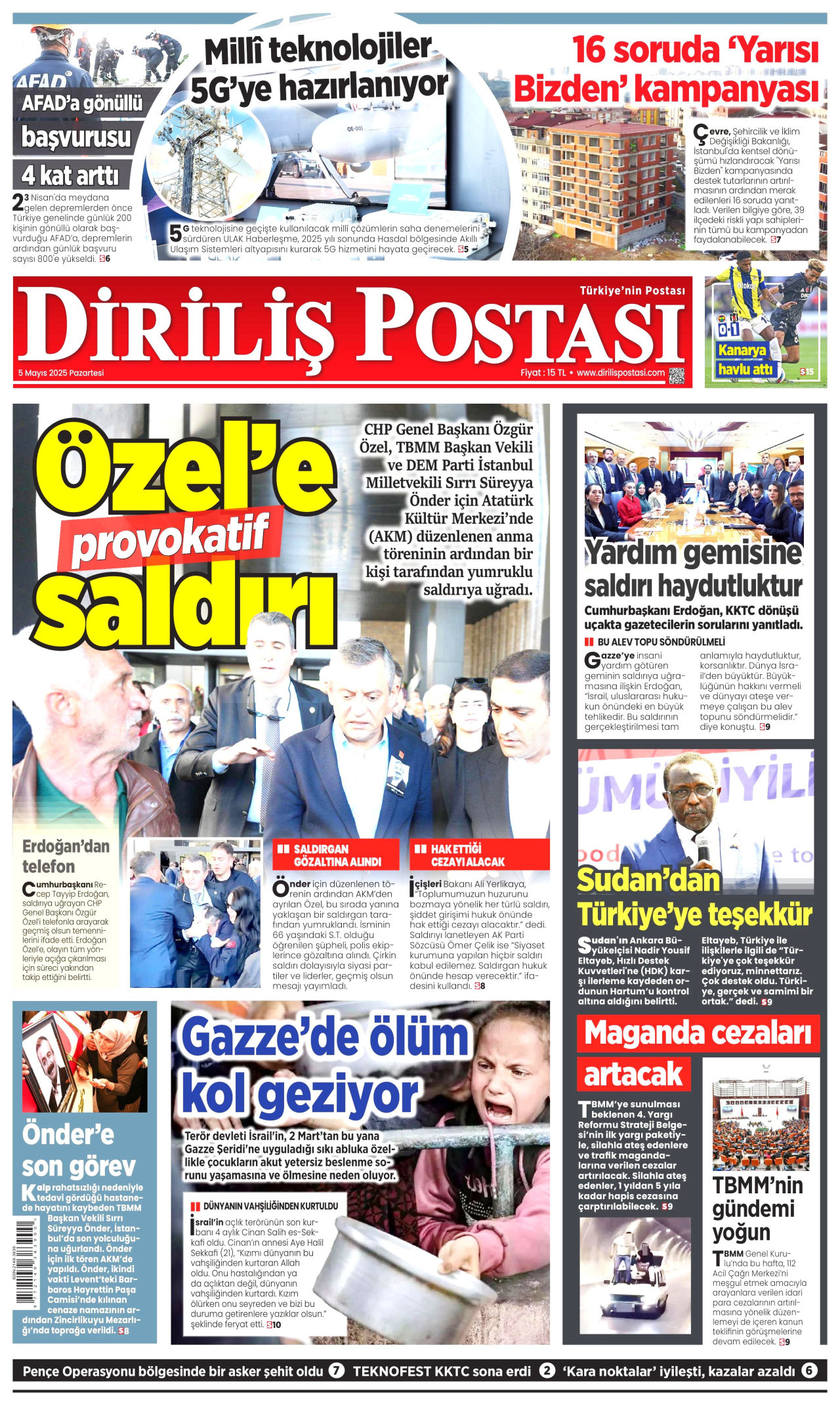 DİRİLİŞ POSTASI gazetesinin 5 Mayıs 2025 tarihli birinci sayfası