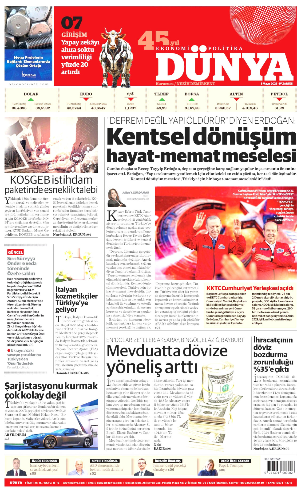 DÜNYA gazetesinin 5 Mayıs 2025 tarihli birinci sayfası