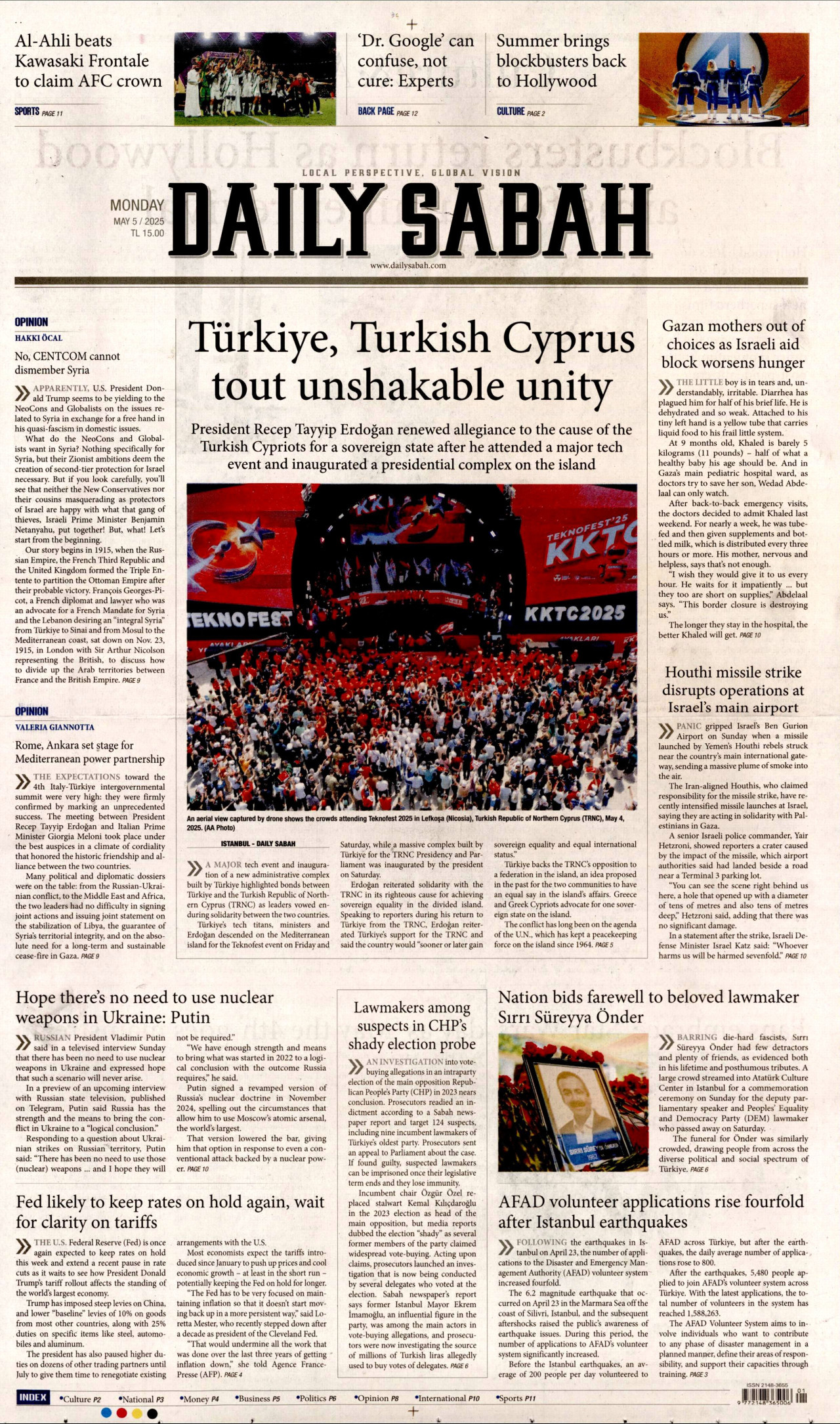 DAİLY SABAH gazetesinin 5 Mayıs 2025 tarihli birinci sayfası