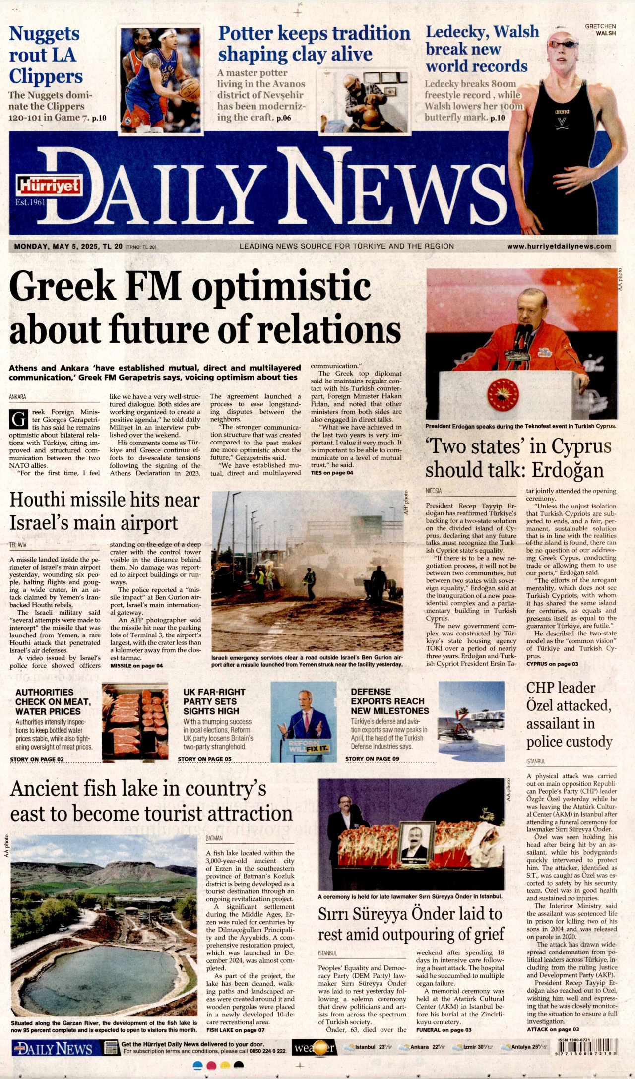 HÜRRİYET DAİLY NEWS gazetesinin 5 Mayıs 2025 tarihli birinci sayfası