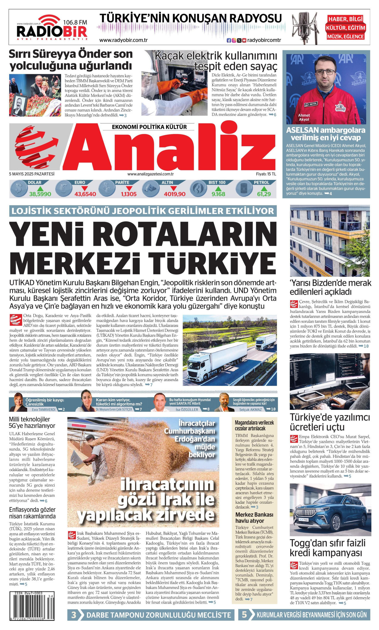 ANALİZ gazetesinin 5 Mayıs 2025 tarihli birinci sayfası
