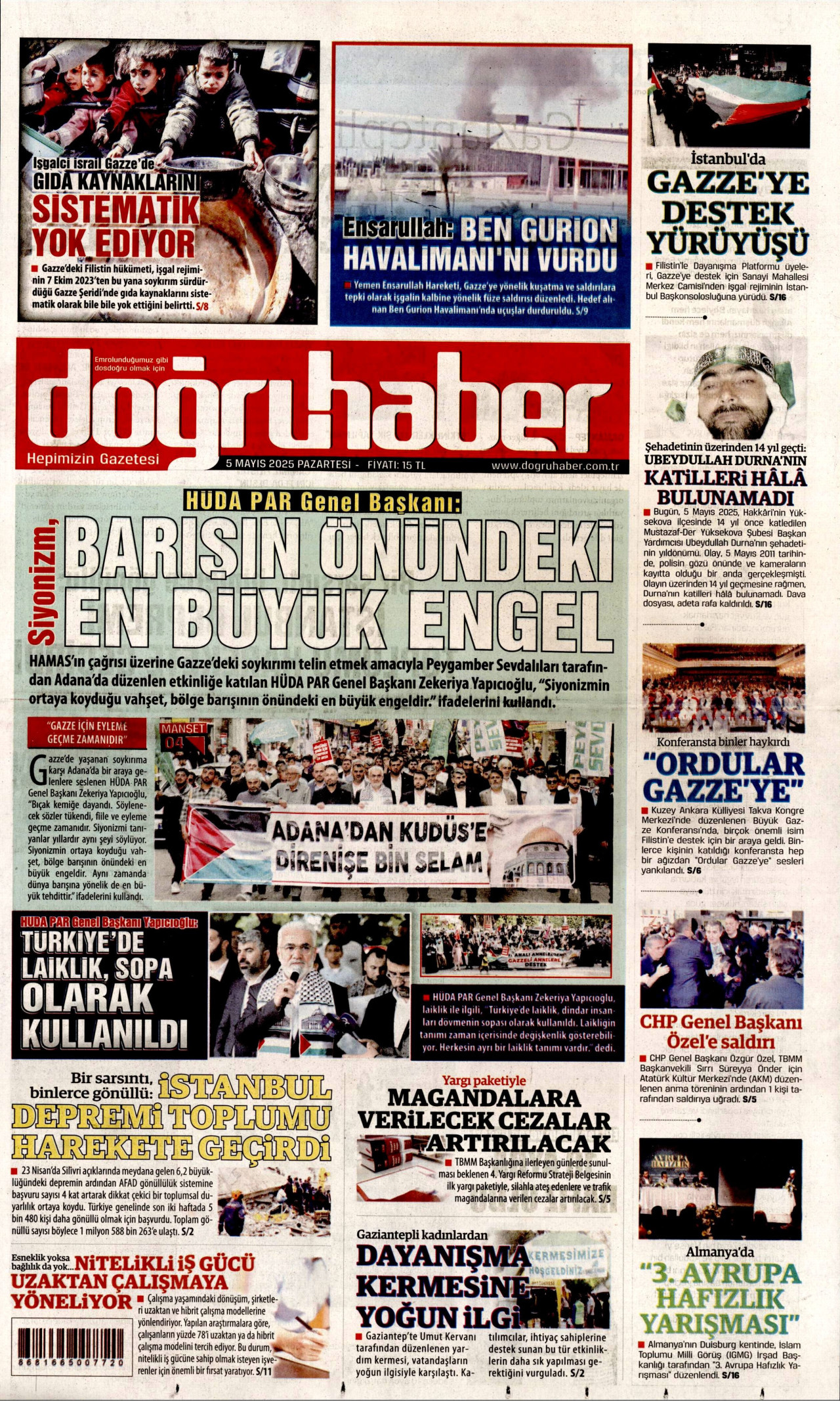 DOĞRU HABER gazetesinin 5 Mayıs 2025 tarihli birinci sayfası