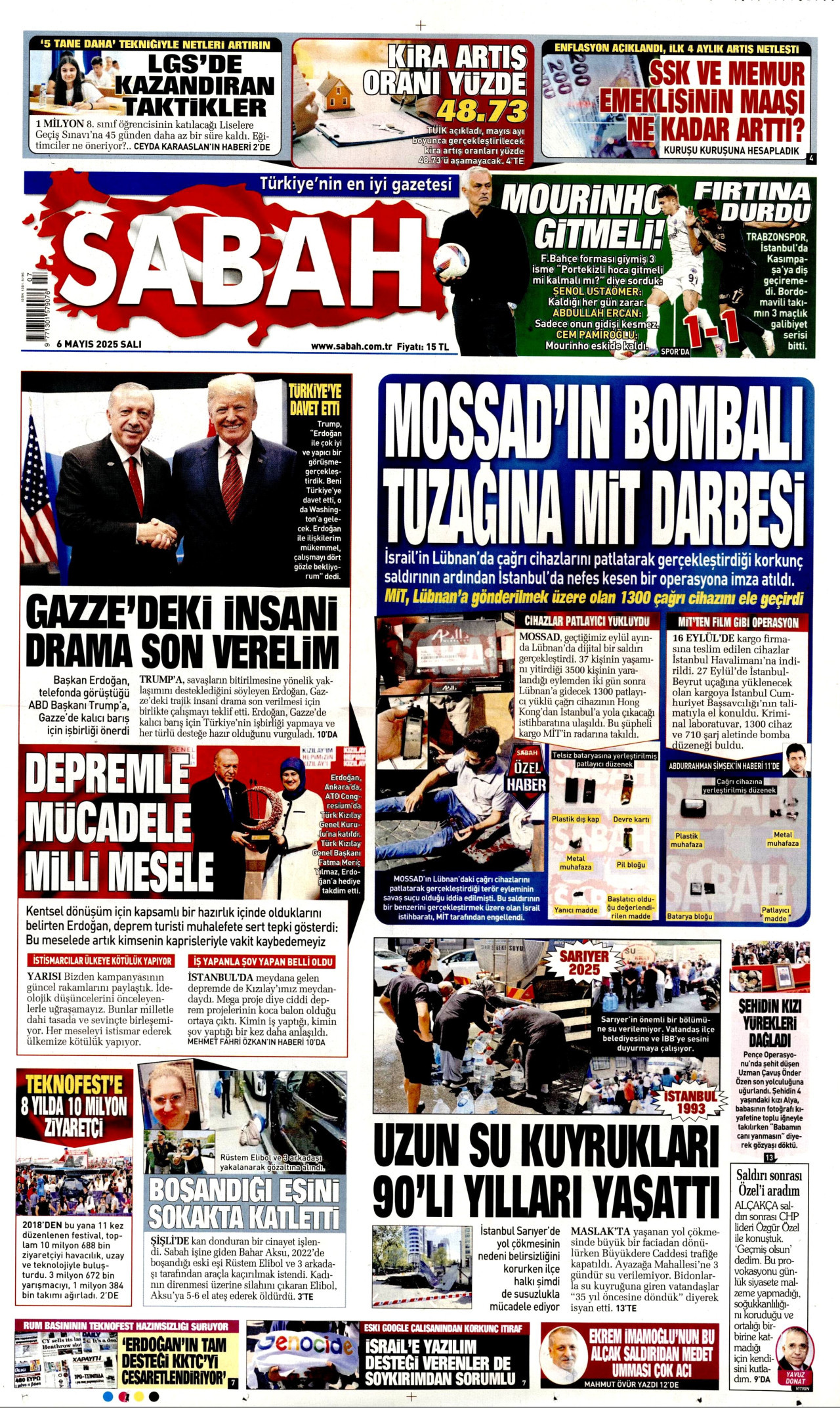 SABAH gazetesinin 6 Mayıs 2025 tarihli birinci sayfası