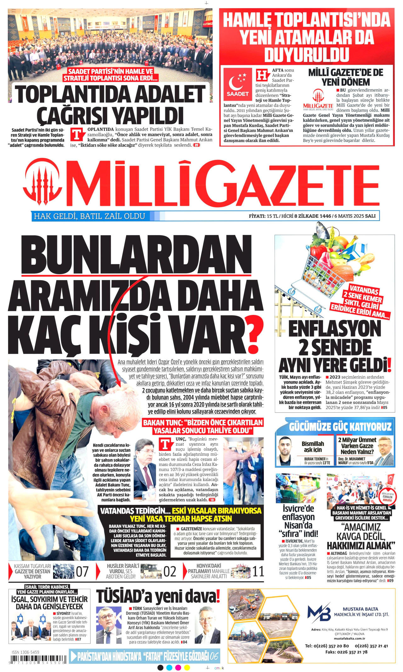 MİLLİ GAZETE gazetesinin 6 Mayıs 2025 tarihli birinci sayfası