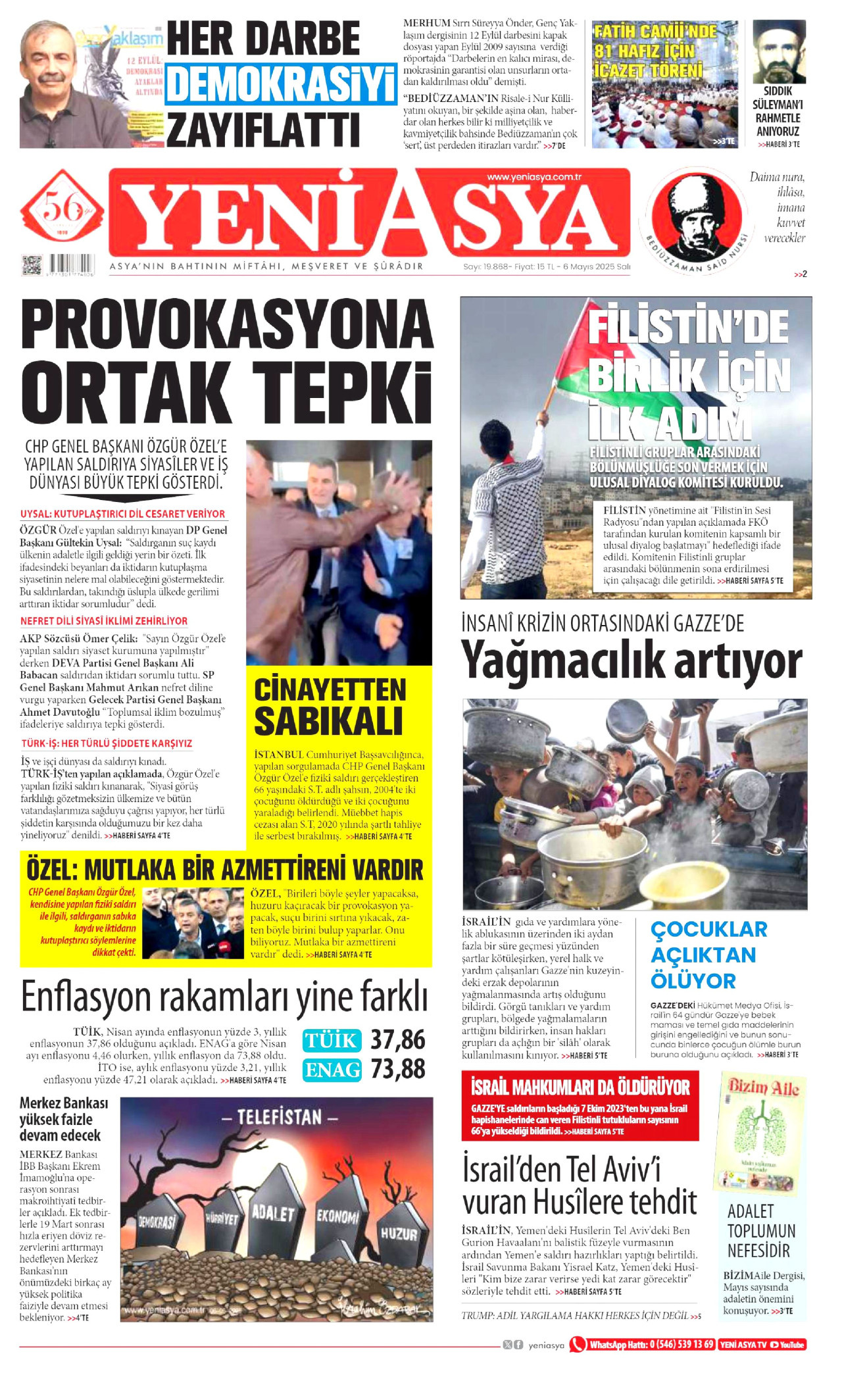 YENİ ASYA gazetesinin 6 Mayıs 2025 tarihli birinci sayfası