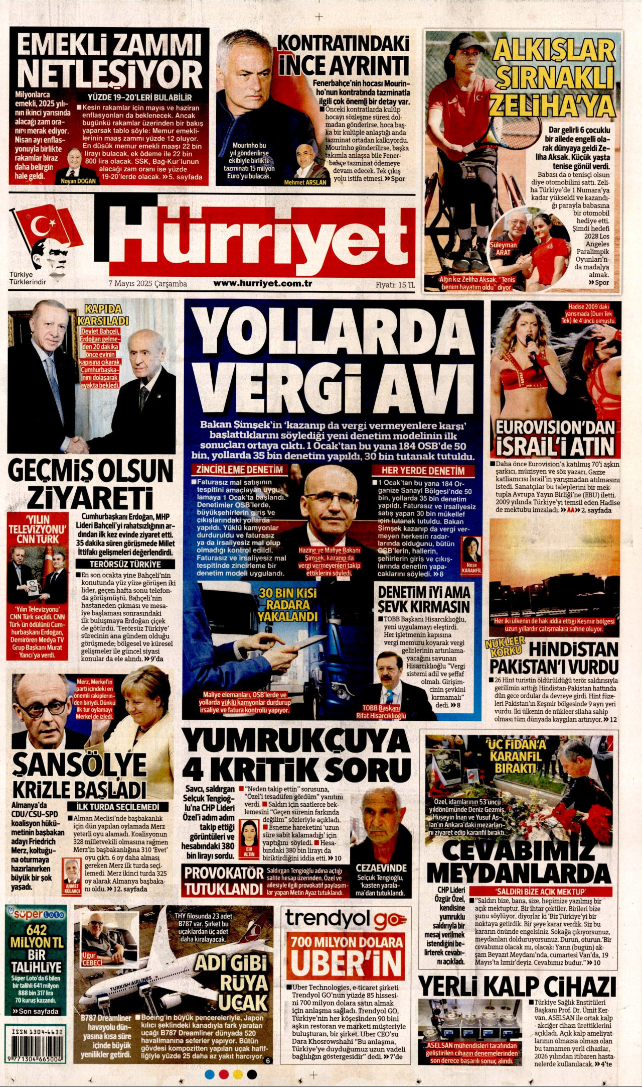 HÜRRİYET gazetesinin 7 Mayıs 2025 tarihli birinci sayfası