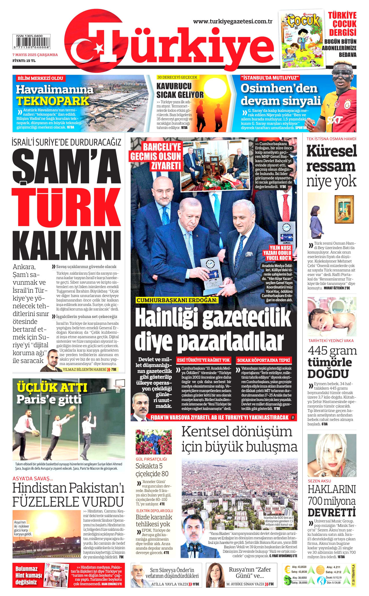 TÜRKİYE GAZETESİ gazetesinin 7 Mayıs 2025 tarihli birinci sayfası