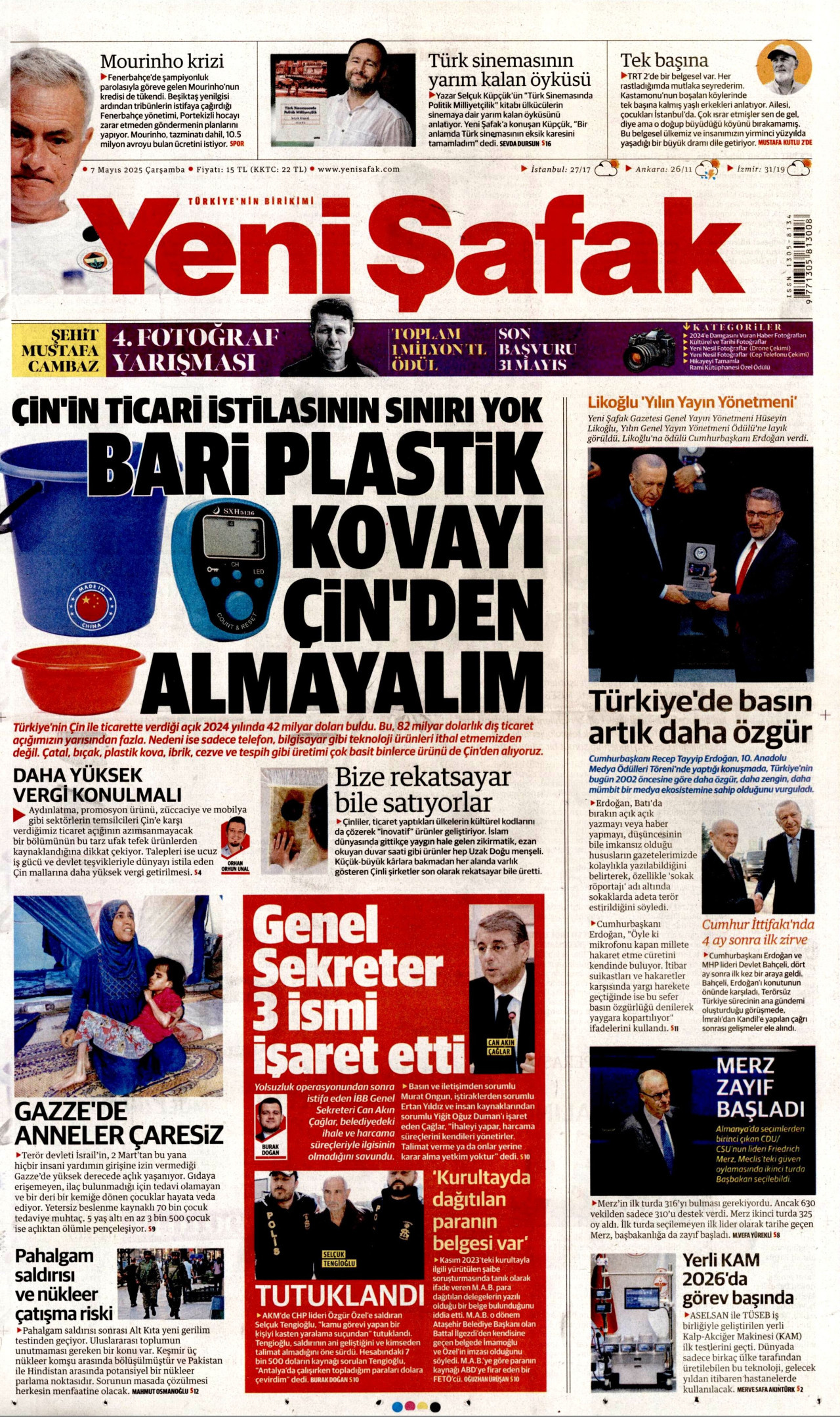 YENİ ŞAFAK gazetesinin 7 Mayıs 2025 tarihli birinci sayfası