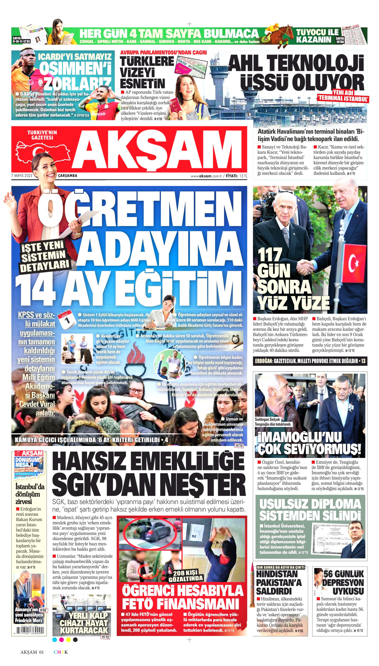 AKŞAM gazetesinin 7 Mayıs 2025 tarihli birinci sayfası