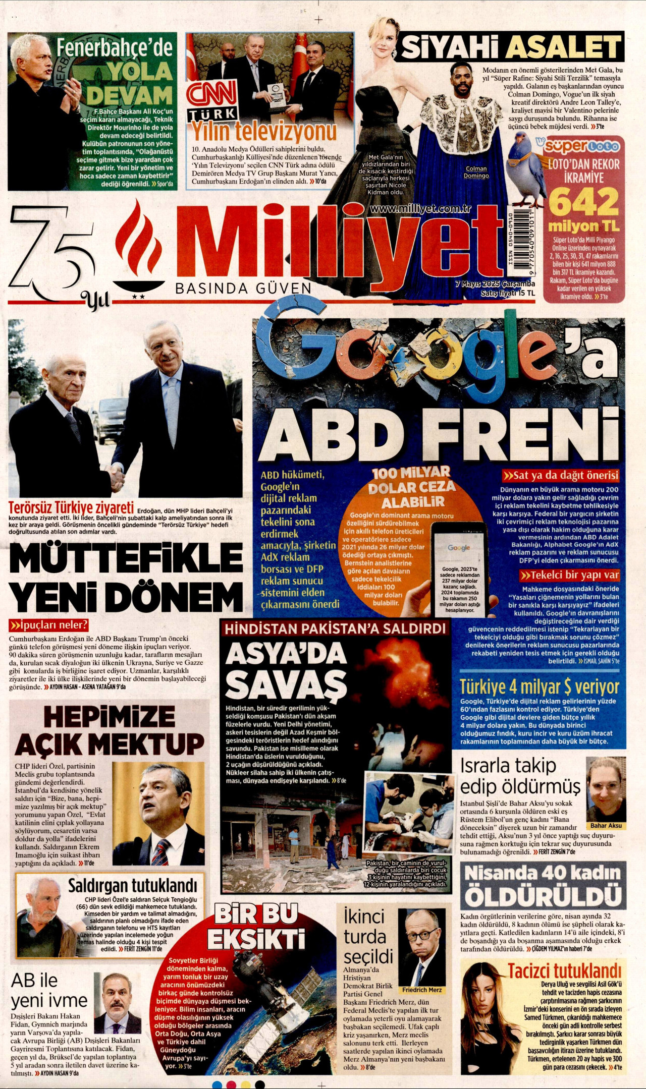 MİLLİYET gazetesinin 7 Mayıs 2025 tarihli birinci sayfası