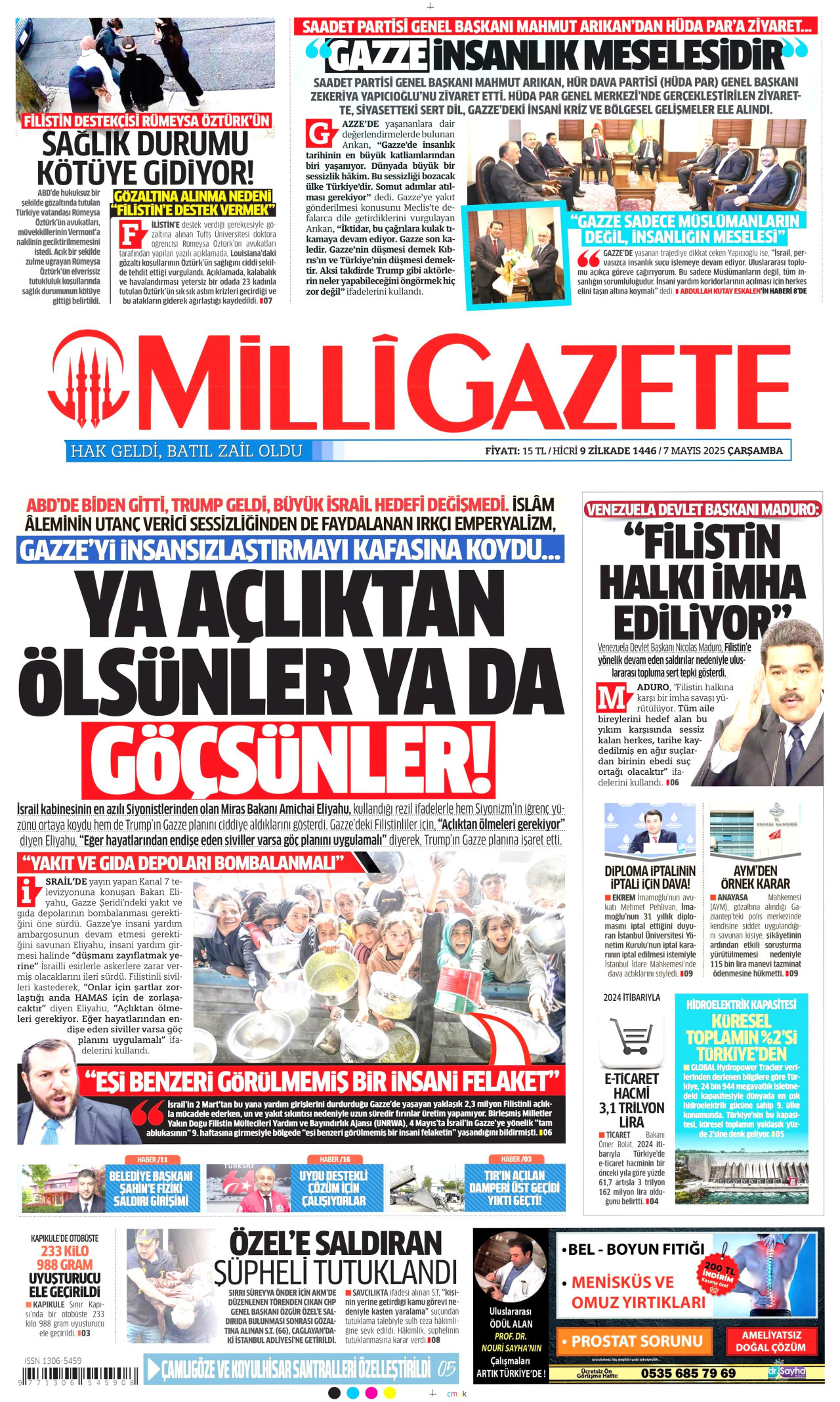 MİLLİ GAZETE gazetesinin 7 Mayıs 2025 tarihli birinci sayfası
