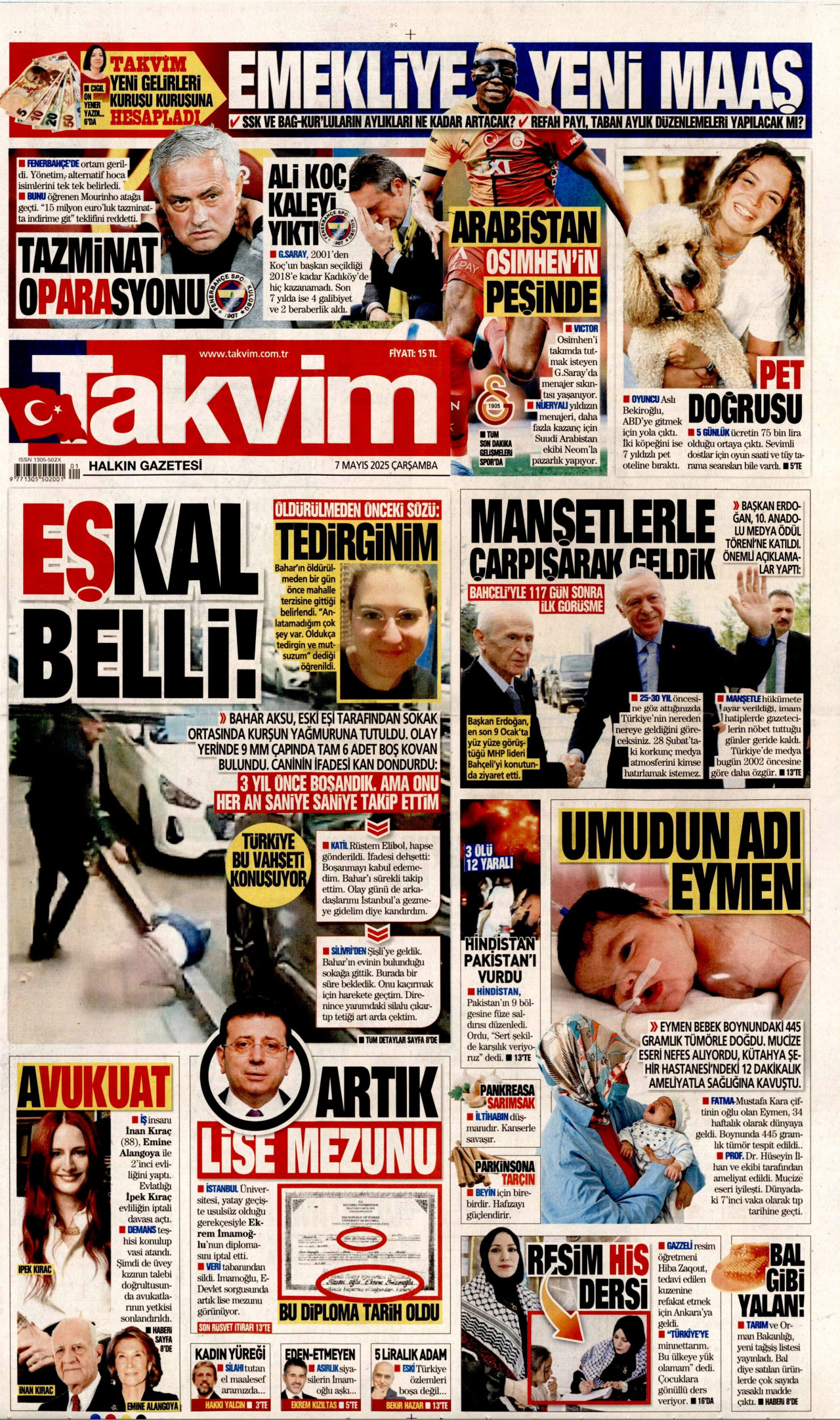 TAKVİM gazetesinin 7 Mayıs 2025 tarihli birinci sayfası