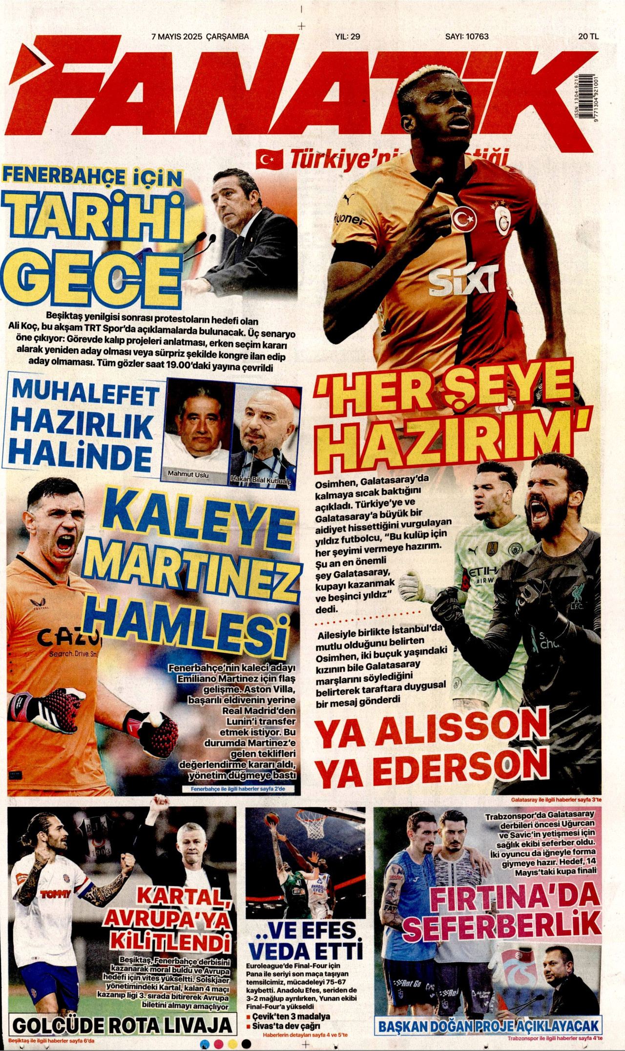 FANATİK gazetesinin 7 Mayıs 2025 tarihli birinci sayfası