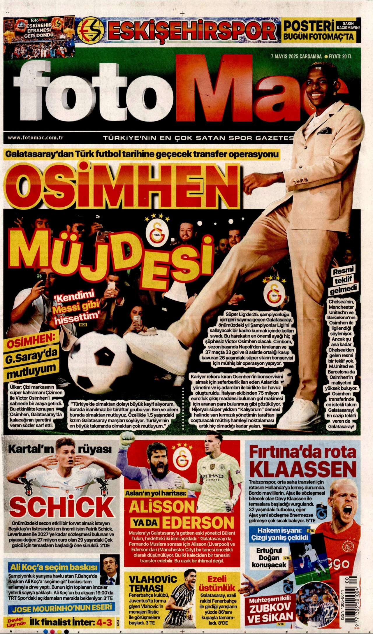 FOTOMAÇ gazetesinin 7 Mayıs 2025 tarihli birinci sayfası