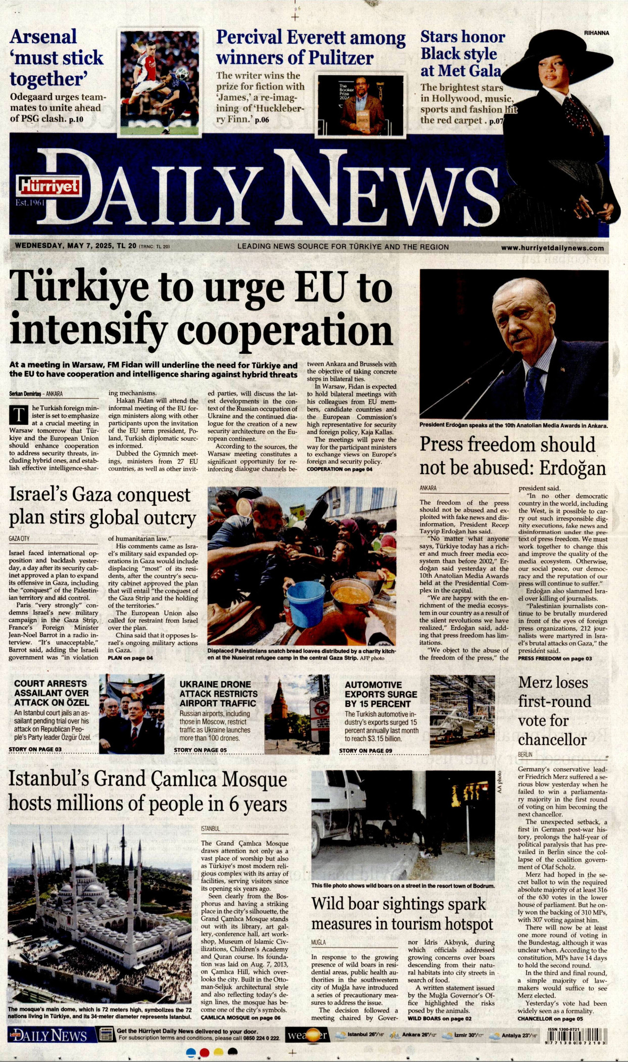 HÜRRİYET DAİLY NEWS gazetesinin 7 Mayıs 2025 tarihli birinci sayfası