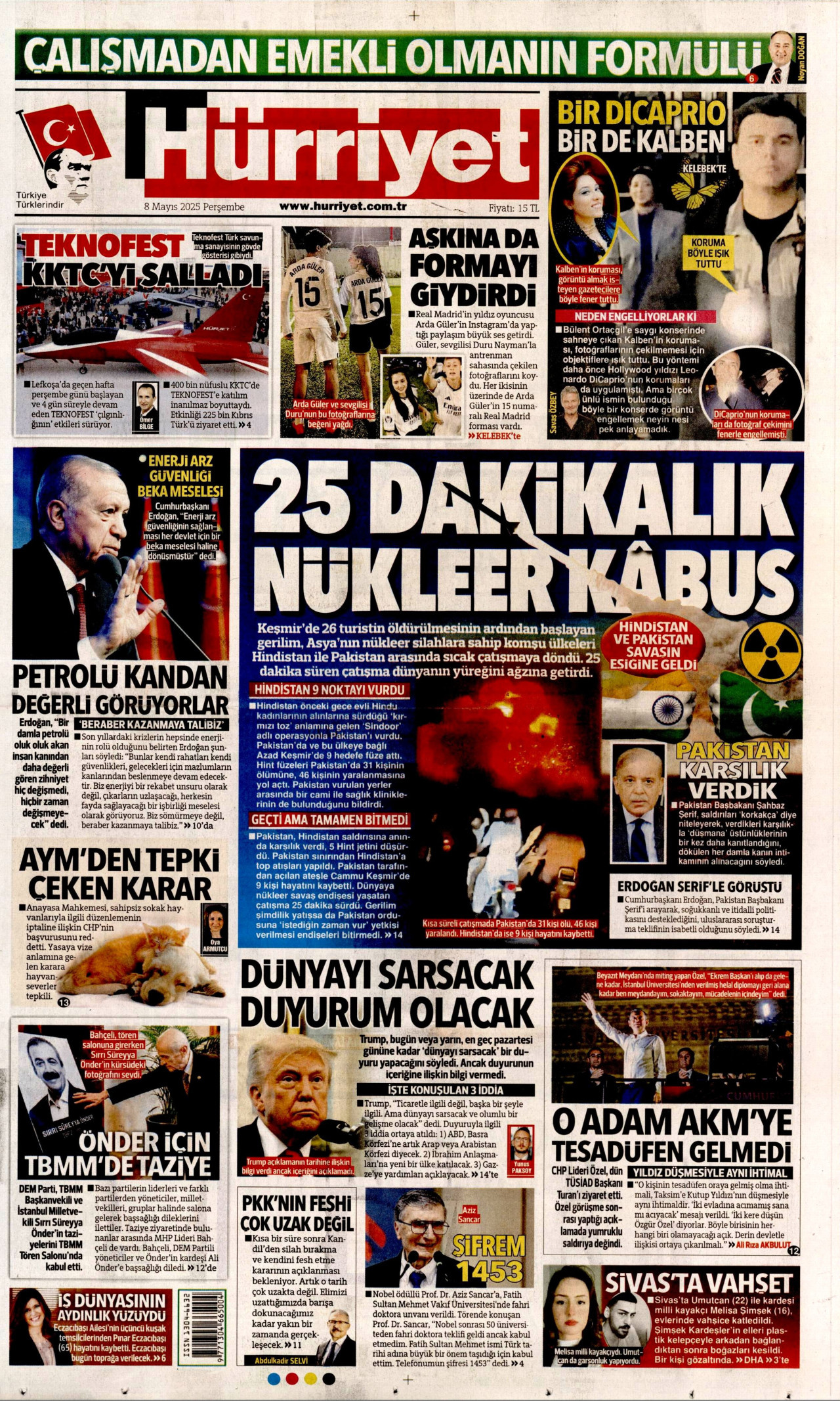 HÜRRİYET gazetesinin 8 Mayıs 2025 tarihli birinci sayfası