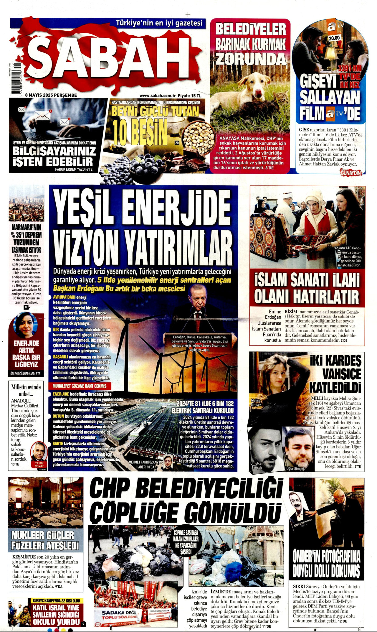 SABAH gazetesinin 8 Mayıs 2025 tarihli birinci sayfası
