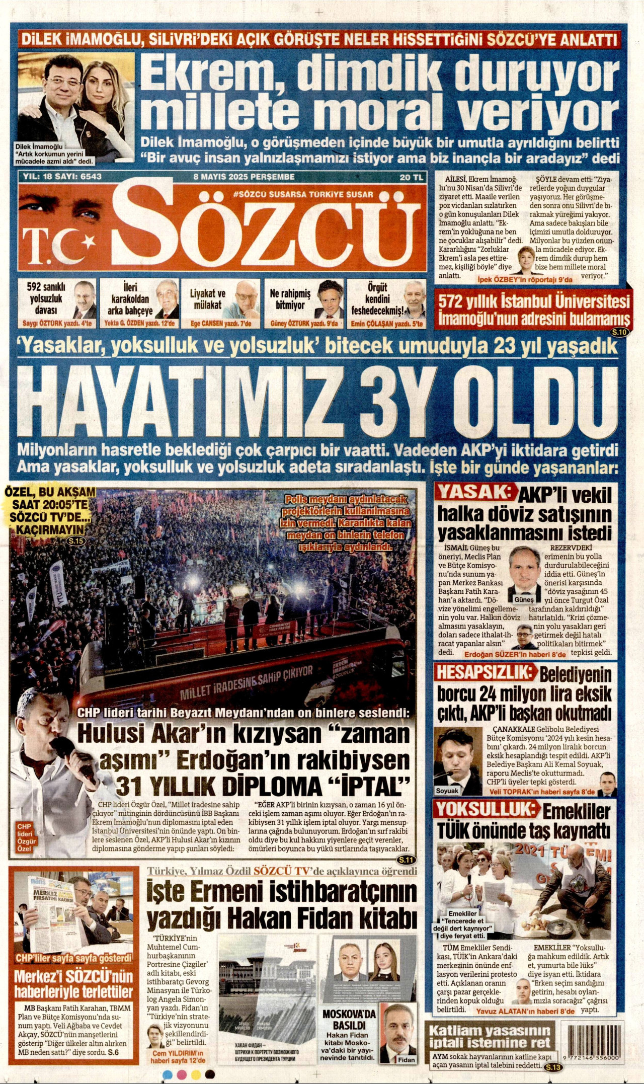 SÖZCÜ gazetesinin 8 Mayıs 2025 tarihli birinci sayfası